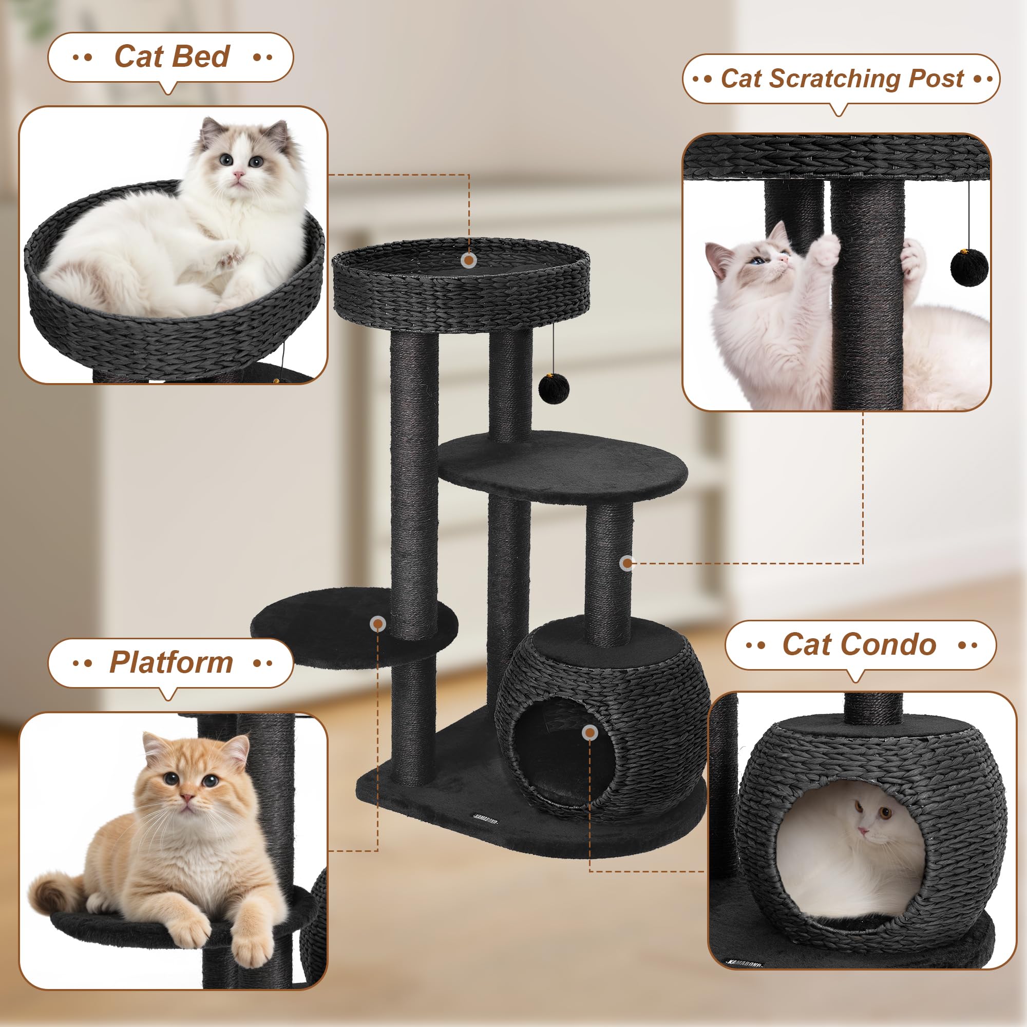 Kamaboko Modern Cat Tree, 39'' Tall Cat Tree Black For Kittens Climb Play & Rest, Cat Trees For Indoor Cats W/Natural Sisal Scra