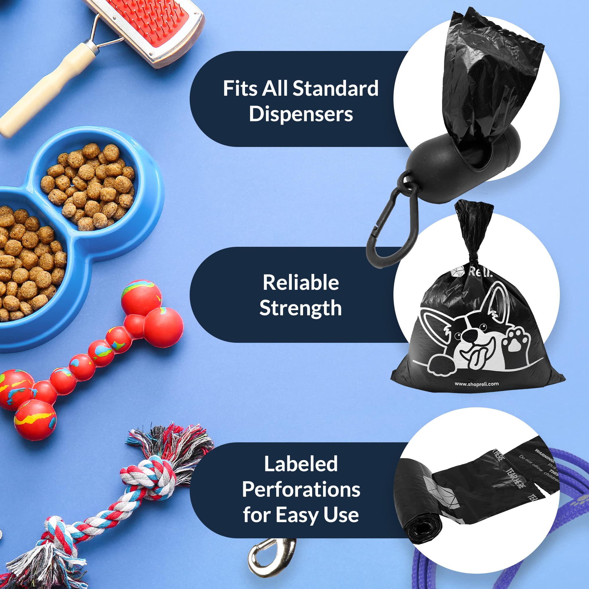 Reli. Dog Poop Bags w/Holder (360 Pack - 24 Rolls) | Leash Clip Dispenser | 9x13'' Large Dog Bag for Poop | Black Pet Waste Carr
