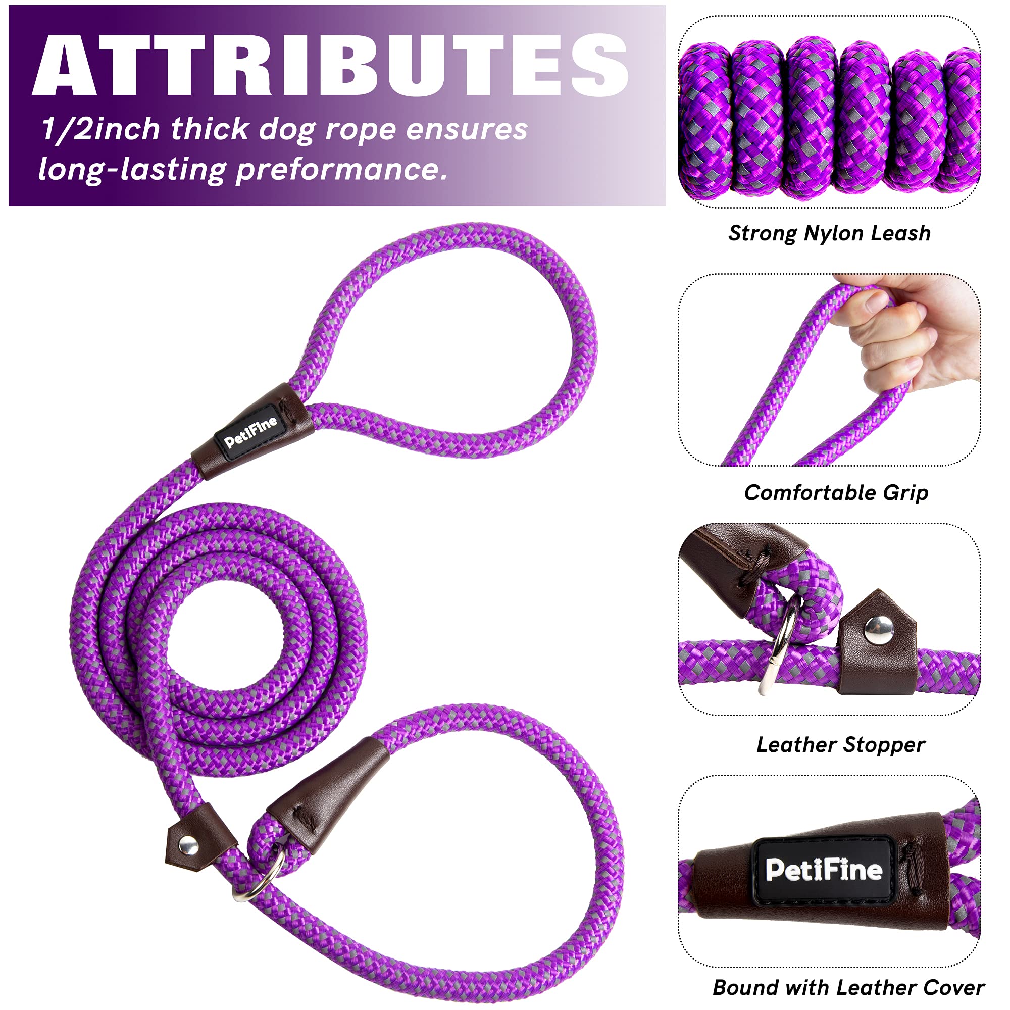 Petifine Slip Lead Dog Leash, Full Reflective Slip Knot Dog Training Leashes, Heavy Duty Adjustable Pet Nylon Slip Loop Leash For Small Medium Large Dogs(Purple)
