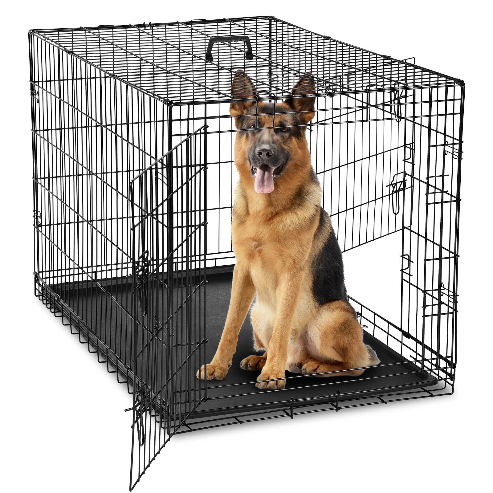 Dumos Dog Crate, 42 Inch Large Double Door Dog Cage With Divider Panel And Plastic Leak-Proof Pan Tray, Folding Metal Wire Pet K