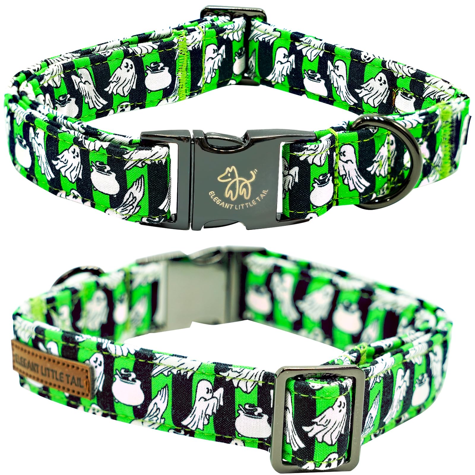 Elegant Little Tail Dog Collar For Halloween - Ghost Pet Collar, Green Boy Puppy Collar, Cotton With Metal Buckle, Adjustable Fo