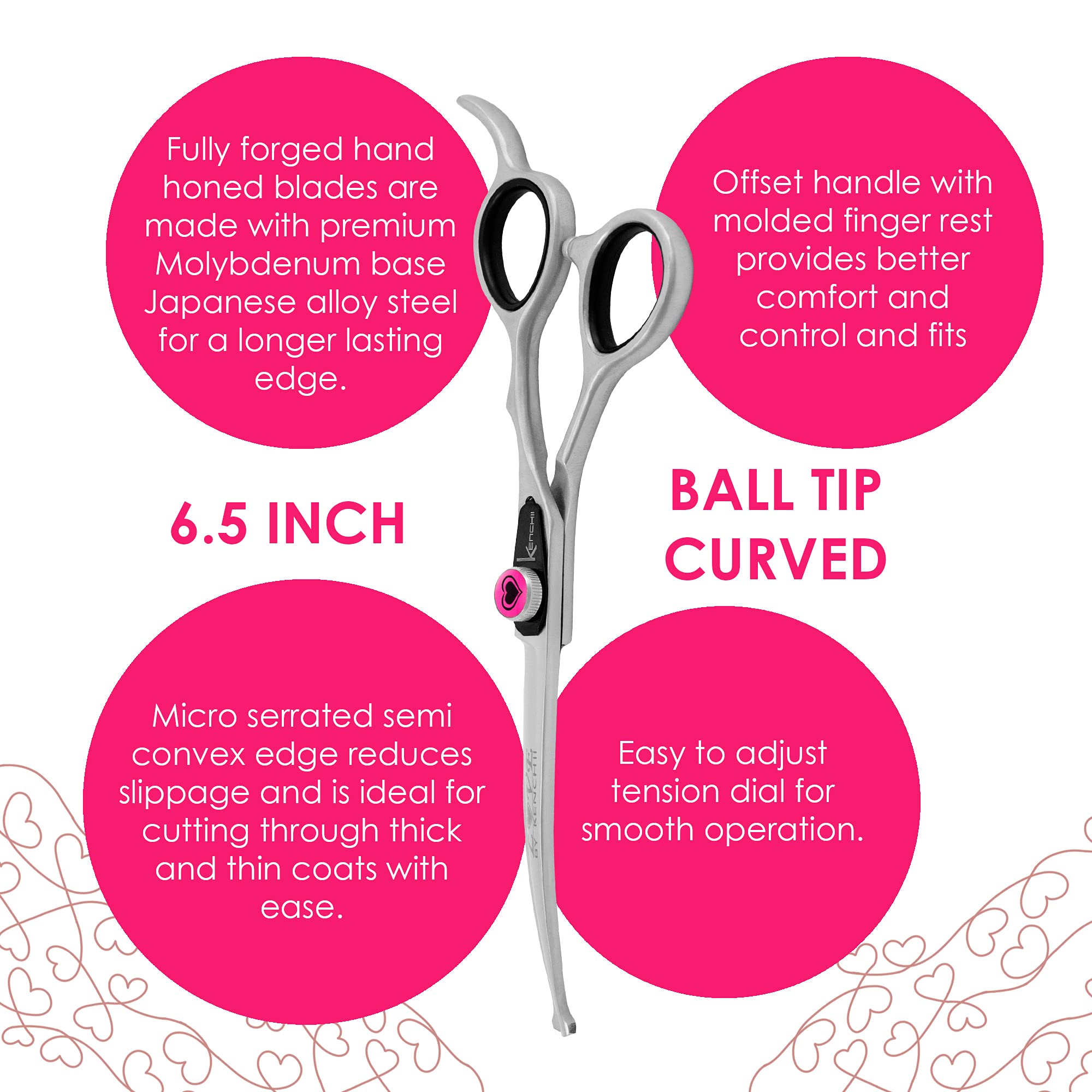 Kenchii Love Dog Grooming Scissors, 6.5 Inch Curved Balltip Shears, Dog Scissors For Grooming, Professional Pet Grooming Scissors, Safety Round Tip Shears