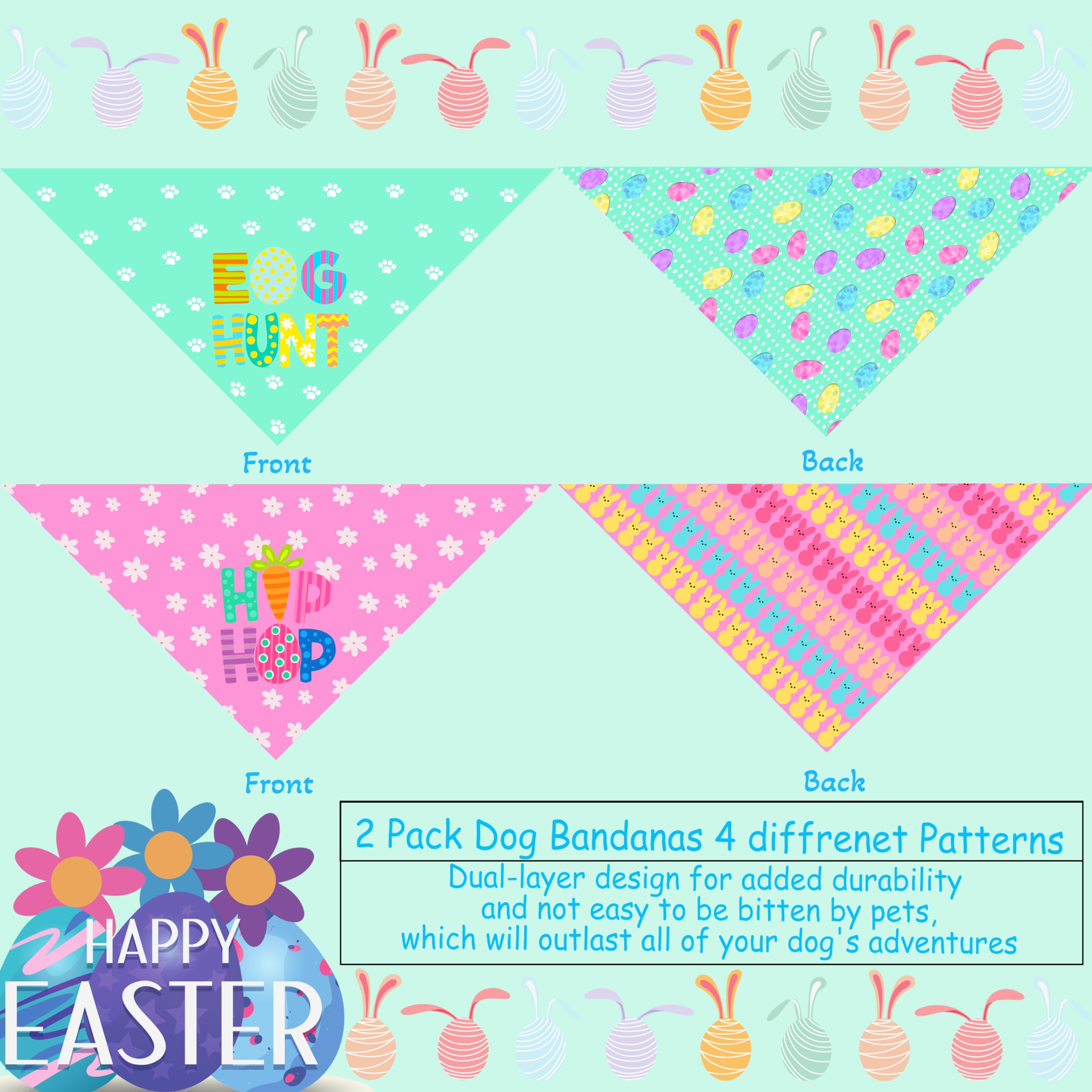 Easter Dog Bandanas 2 Pack, Hip Hop Egg Hunt Bunny Dog Scarfs For Boy And Girl, Pet Scarves For Easter Bandanas Bulk For Dogs La