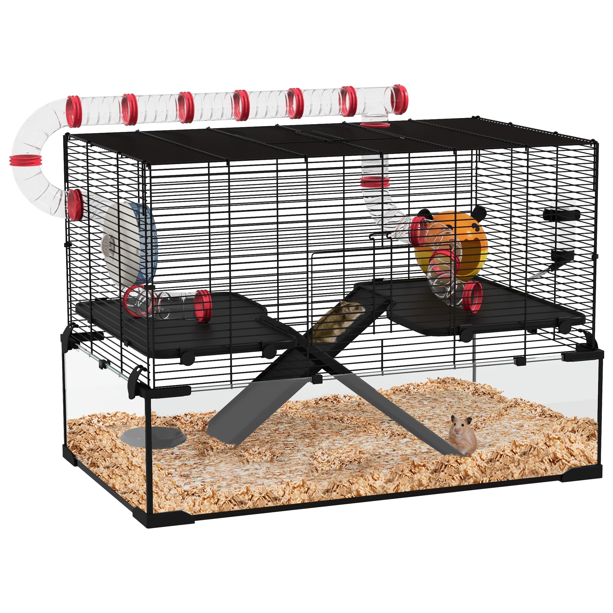 PawHut 31 Extra Large Hamster Cage with Tube Tunnel, Small Animal Cage for Dwarf Hamster, Rat, Gerbil Cage with Deep Glass Botto