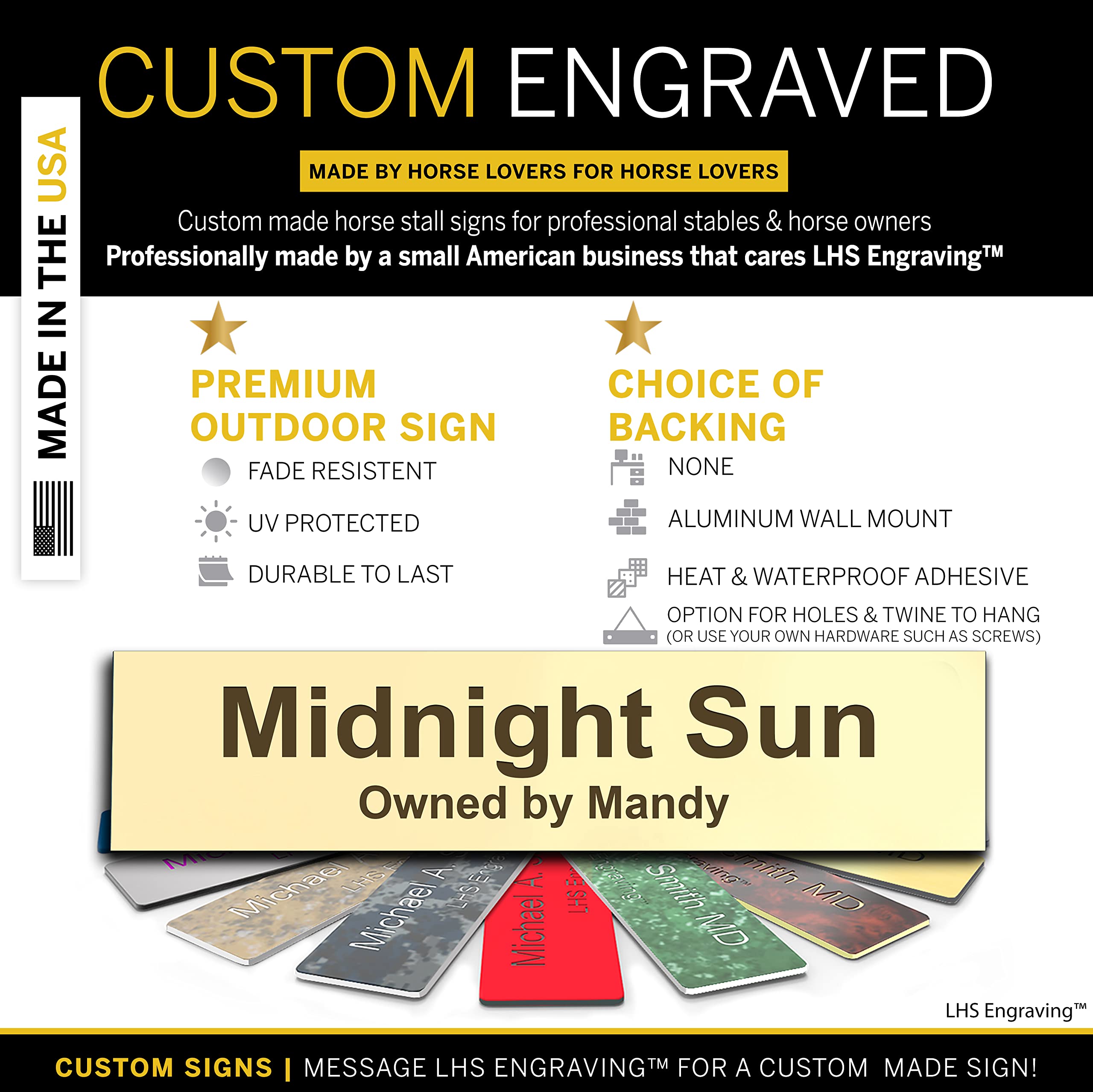 Lhs | Personalized Horse Stall Name Plates, 2X10 Horse Stall Signs With Adhesive, All Weather Uv Protected, Ivory Plastic With B