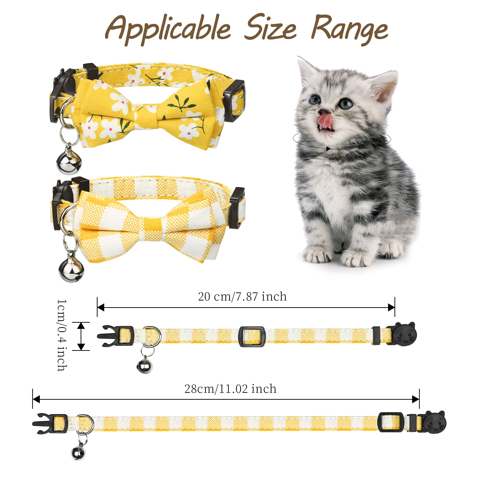G-Ficu 2 Pack Cat Collar Breakaway With Cute Bow Tie Bell Charm, Flower Plaid Collars For Girl Boy Cats Kittens With Adjustable