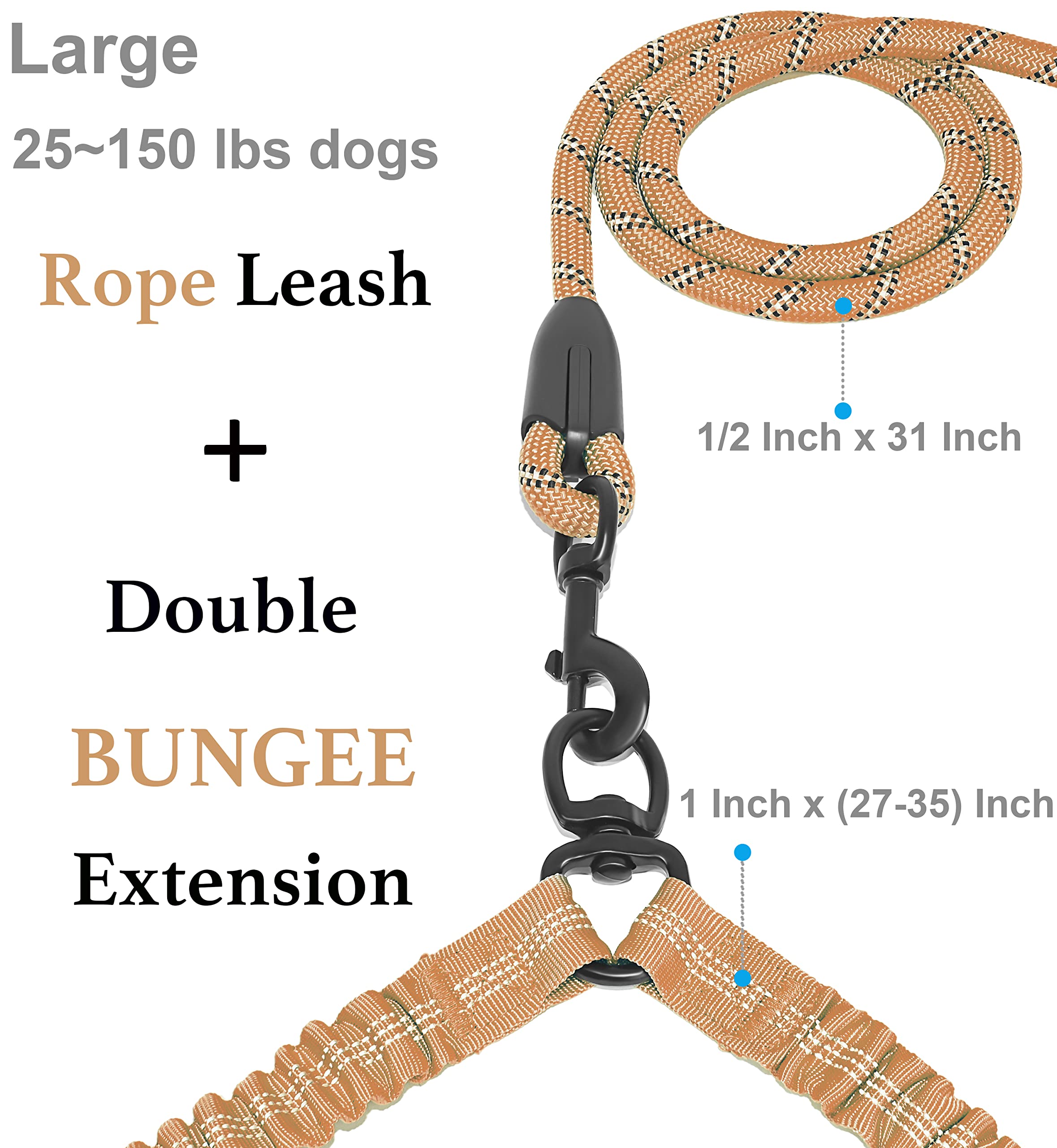 Iyoshop Dual Dog Leash, Double Dog Leash, 360 Swivel No Tangle Walking Leash, Shock Absorbing Bungee For Two Dogs, Khaki, Large (25-150 Lbs)