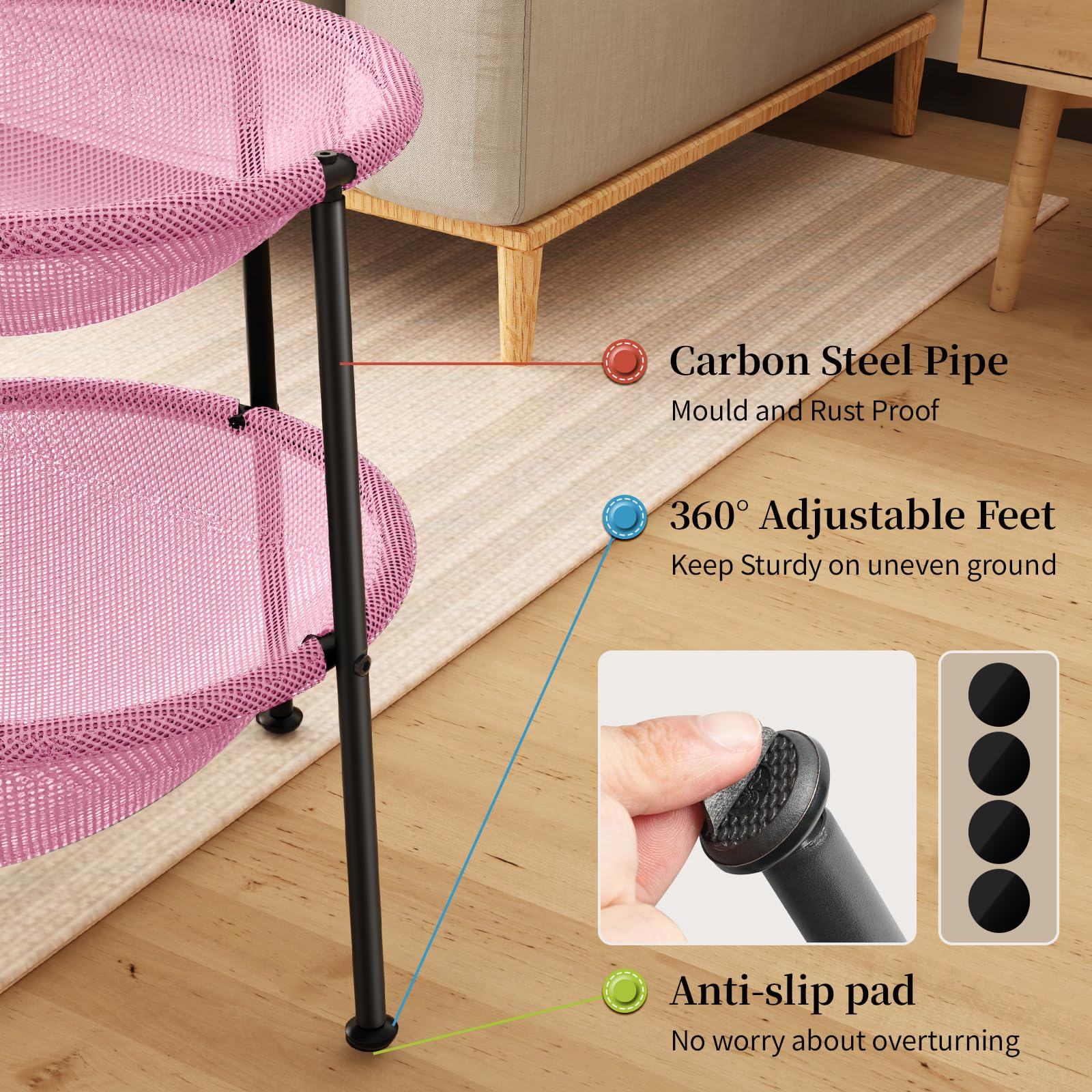 Junspow Double Cat Bed Pink, Breathable Pet Bed For 2 Cats With 4 Adjustable Feet & Anti-Slip Mats, Easy Assembly Cat Hammock Fo