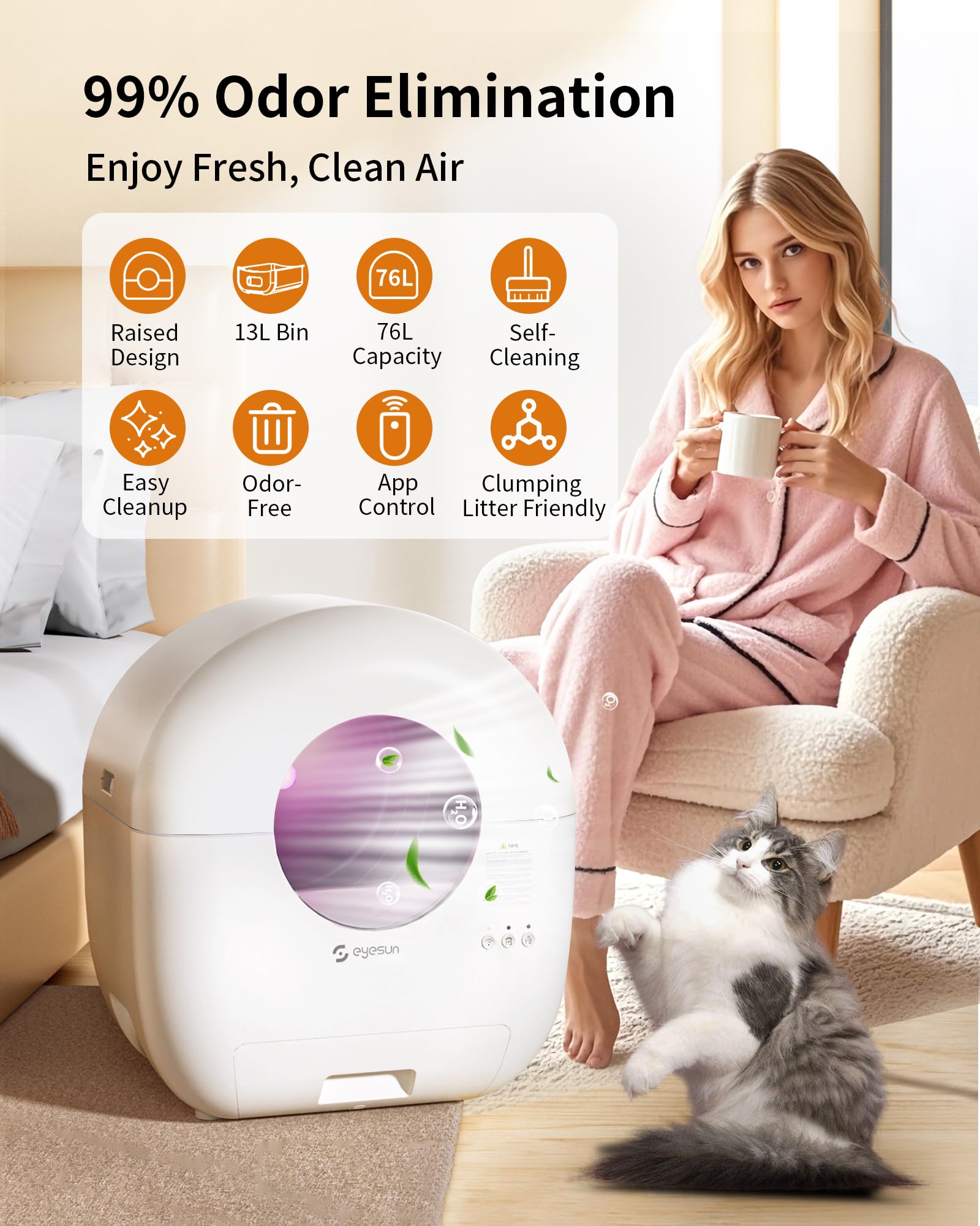 Self Cleaning Litter Box,76L Automatic Cat Litter Box Self Cleaning with APP Control,Low Noise,Safety Protection,Roll Garbage Ba