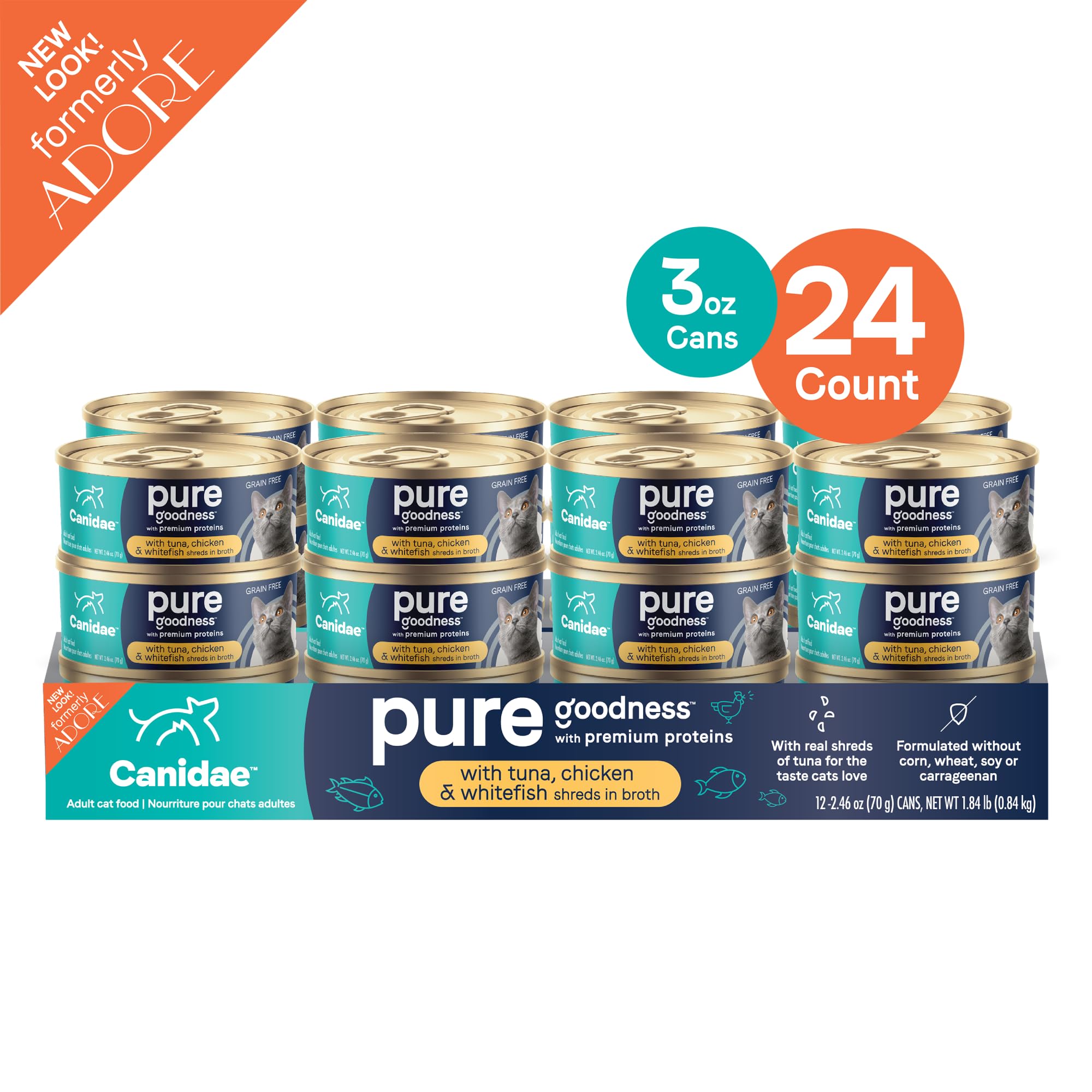 Canidae Pure Adore Premium Wet Cat Food, Tuna, Chicken & Whitefish in Broth, 2.46 oz. (Pack of 24), Grain Free