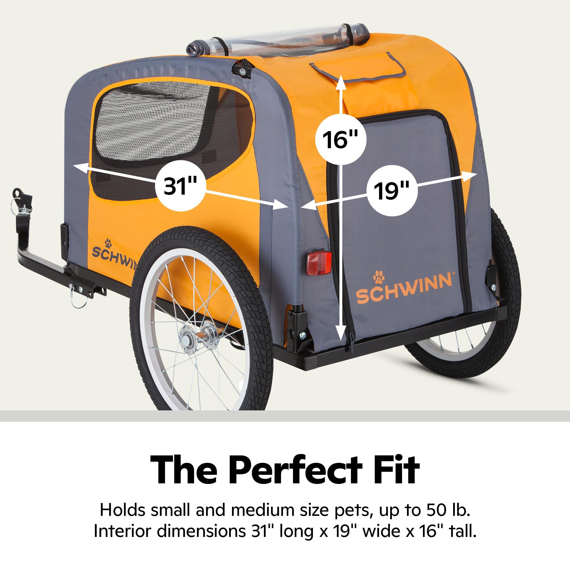 Schwinn 13-SC315 Rascal Bike Pet Trailer, For Small and Large Dogs, Lightweight, Tow with Bicycle, Up to 50 lbs. Small, Orange/G