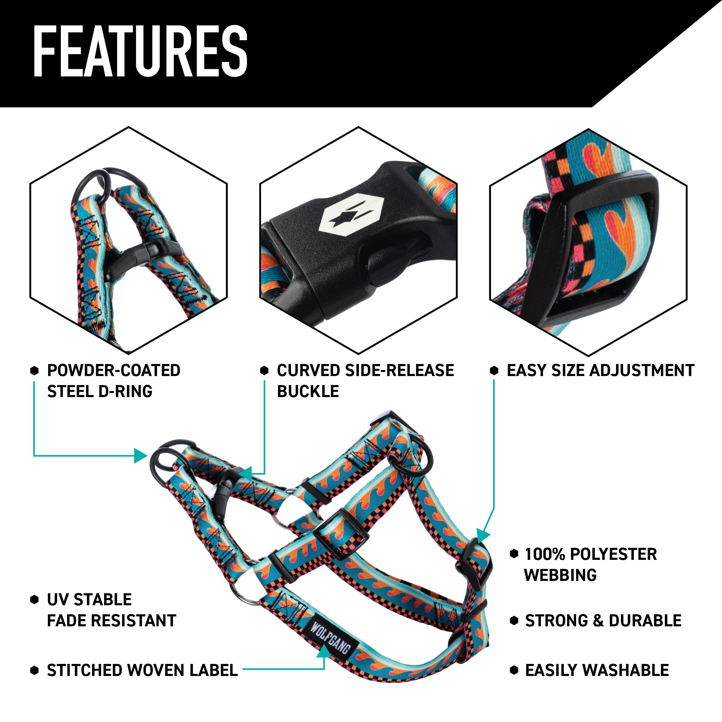 Wolfgang Heavy Duty Adjustable Dog Harness, Pull-Tested for Walking & Training, BuenaOnda Print, Small