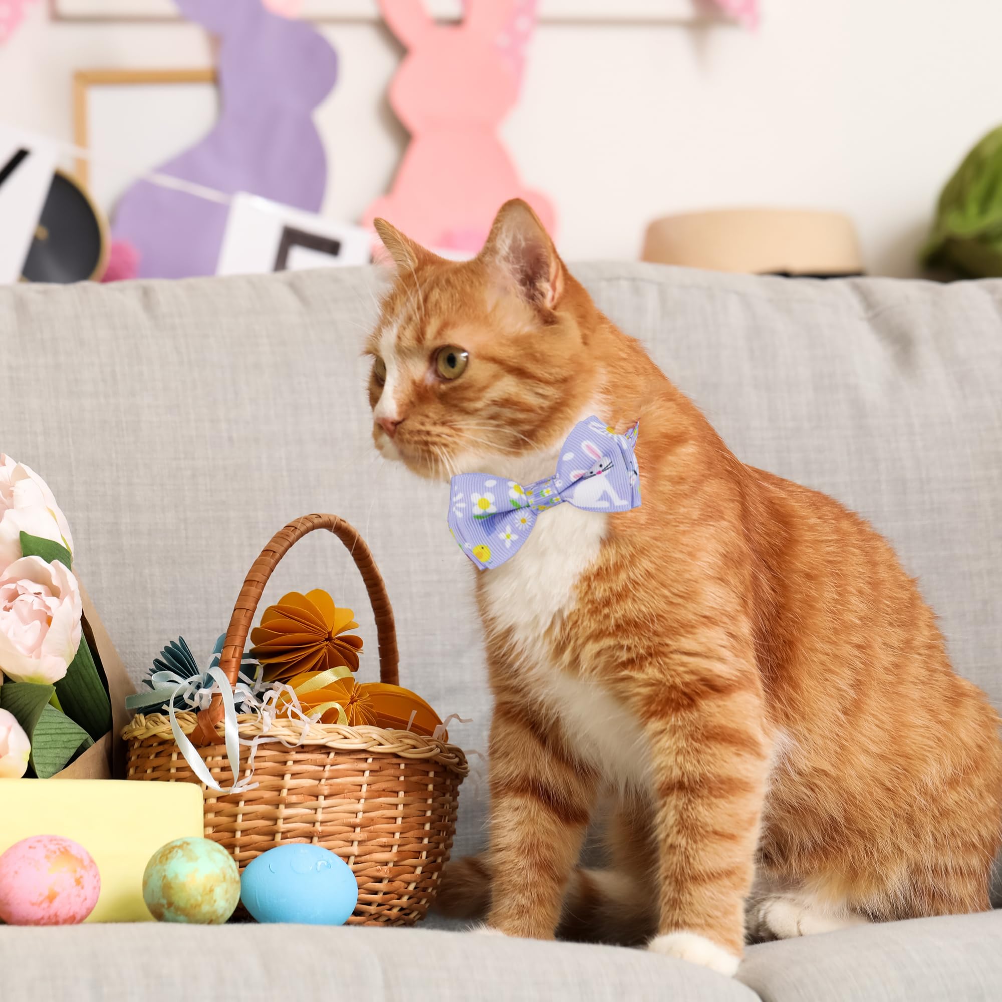 Adoggygo Easter Cat Collars With Bow Bell, Breakaway Kitten Bowtie Collar Red Purple Eggs Rabbit Easter Collars For Girl Boy Cat