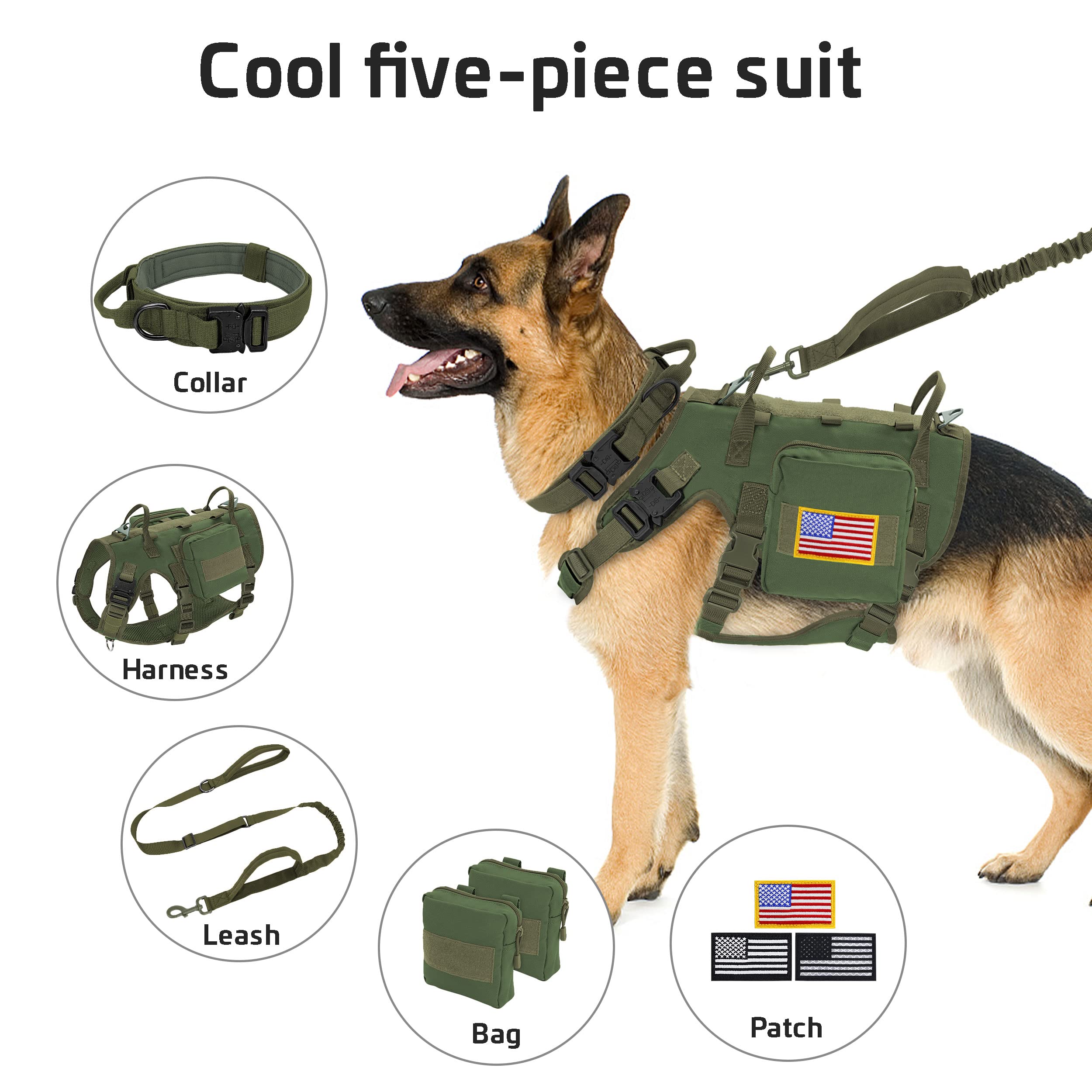 Forestpaw Tactical Dog Vest Harness And Easy Control Training Dog Collar With Bungee Dog Leash Set No Pull Military Dog Harness With Backpack For Medium Large Dogs-Green L