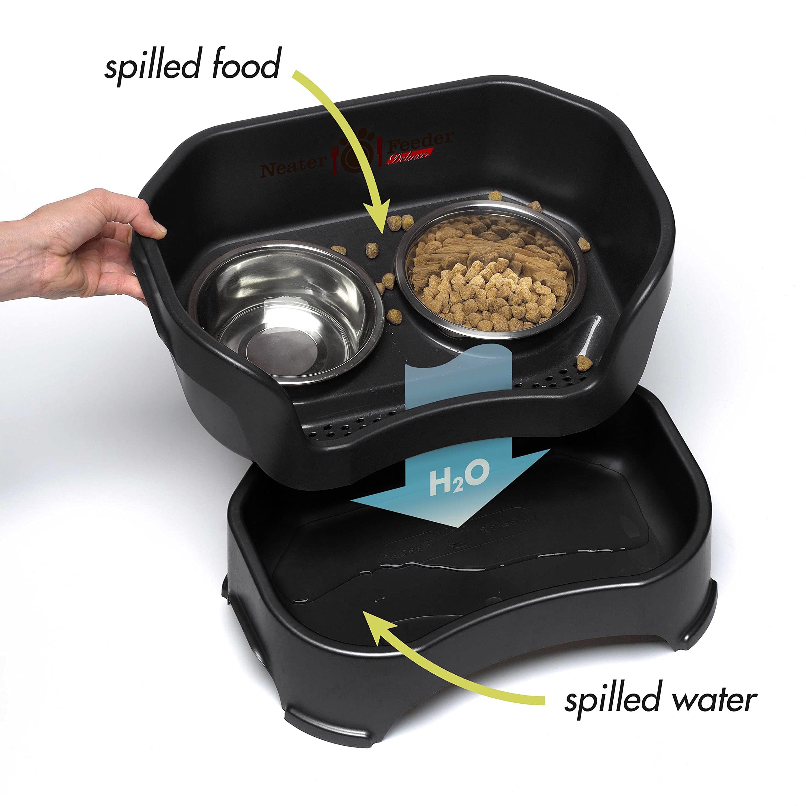 Neater Feeder - Deluxe Model Adjustable Height - Mess-Proof Dog Bowls (Medium, Midnight Black) - Made in USA - Elevated, No Spil