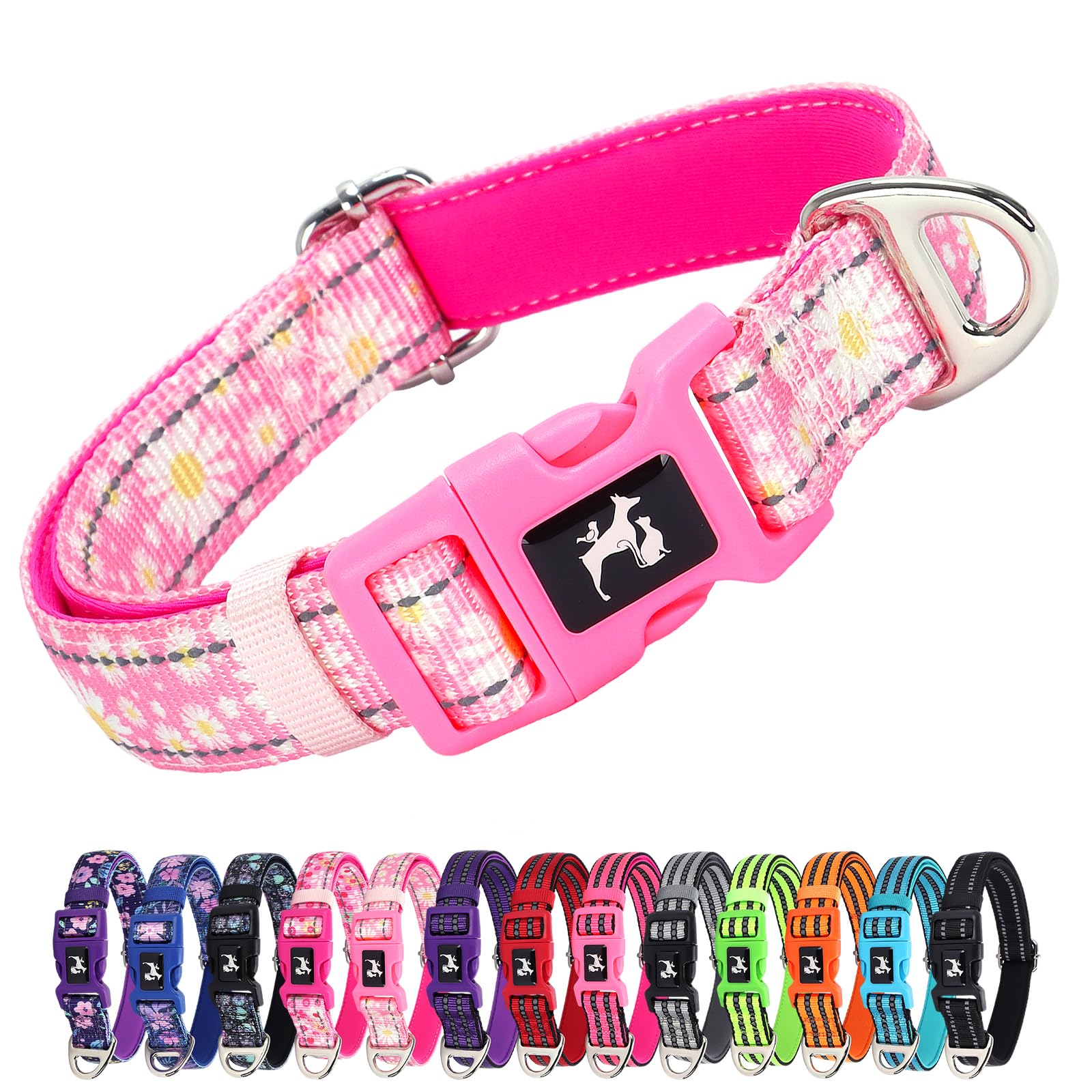 Maowuwujoz Reflective Dog Collar For Medium Dogs - Soft Neoprene Padded, Adjustable Nylon Durable With Stylish Pink Daisy Design