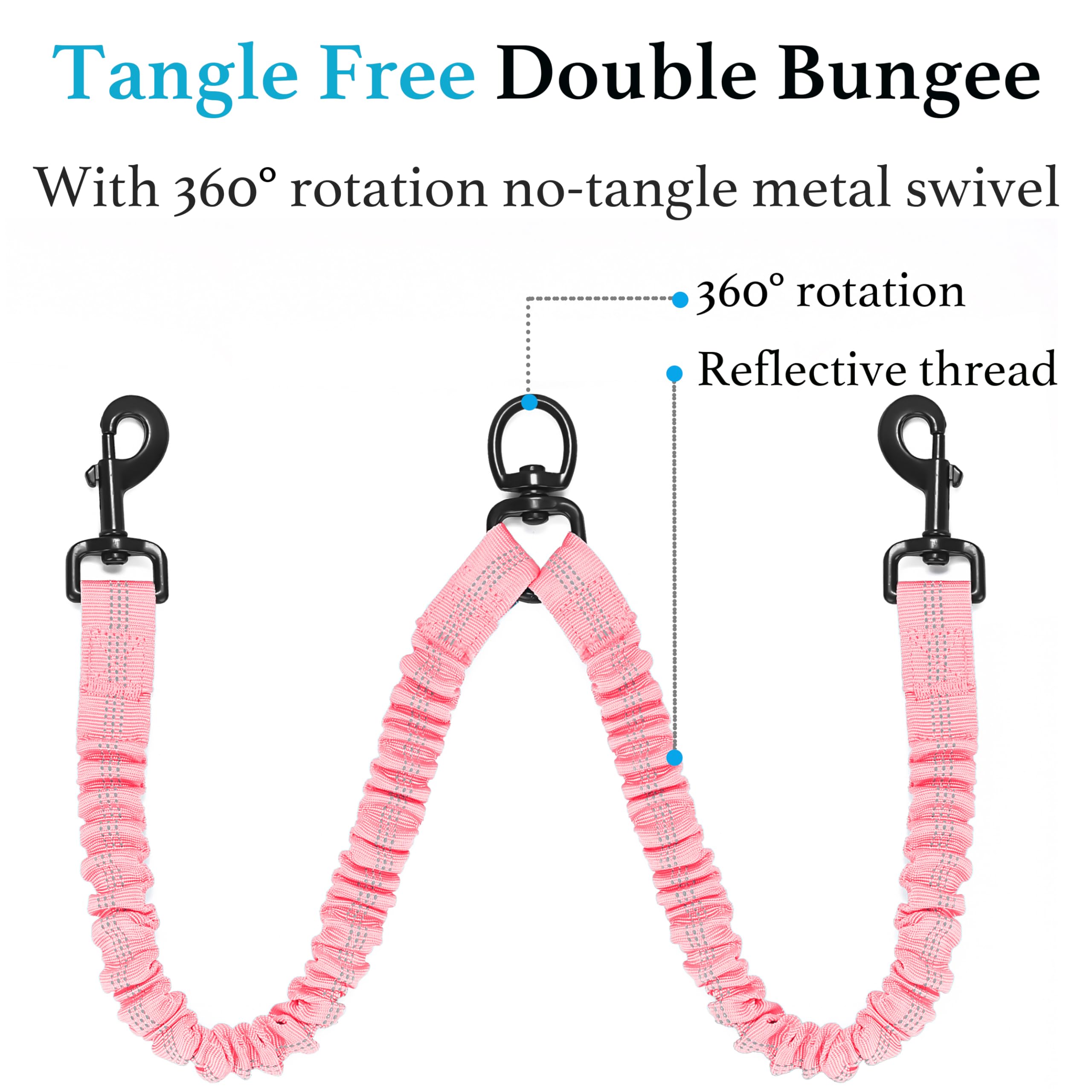 Iyoshop Dual Dog Leash, Double Dog Leash, 360 Swivel No Tangle Walking Leash, Shock Absorbing Bungee For Two Dogs, Large (25-150 Lbs), Baby Pink