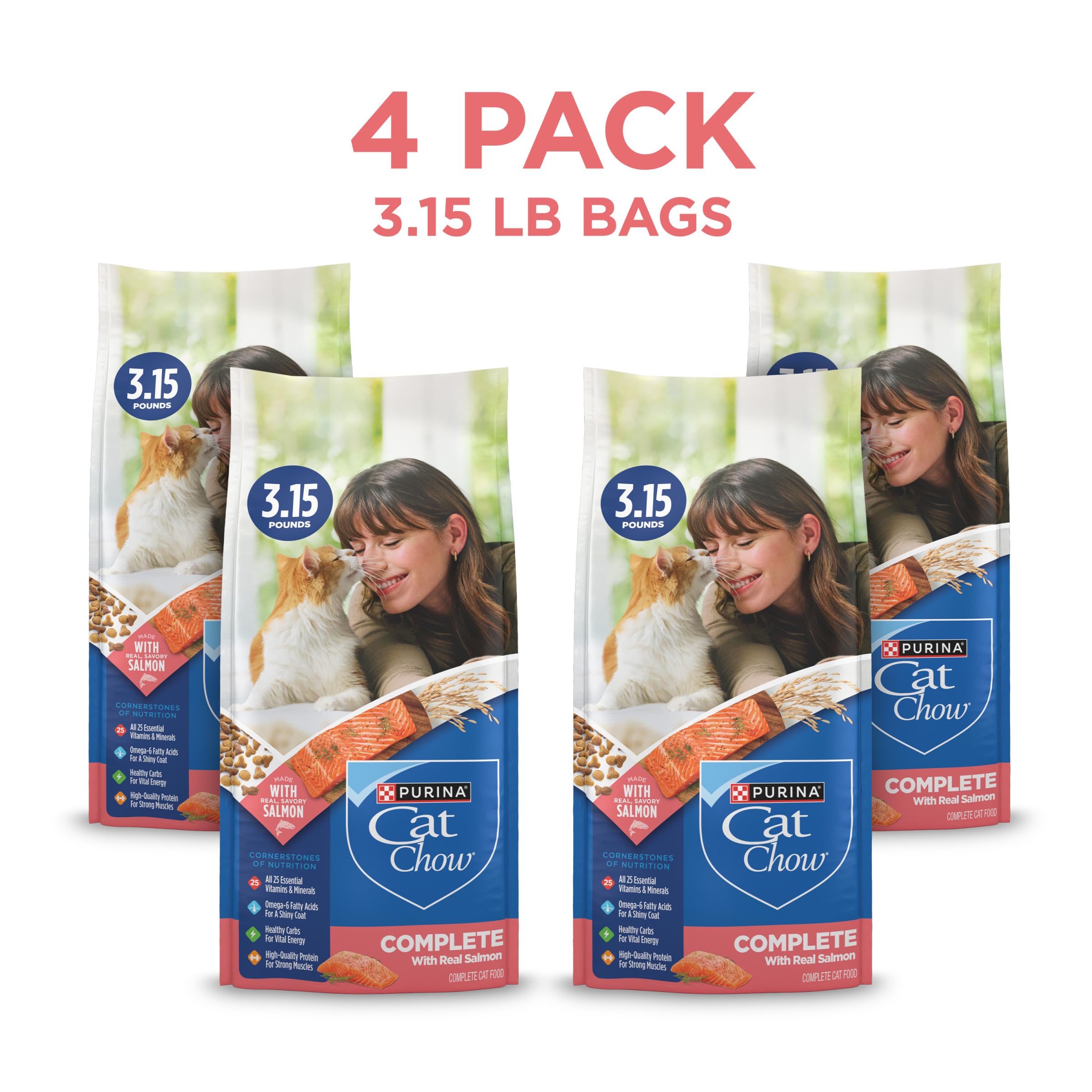 Purina Cat Chow Complete High Protein With Salmon Cat Food Dry Formula - (Pack of 4) 3.15 lb. Bags