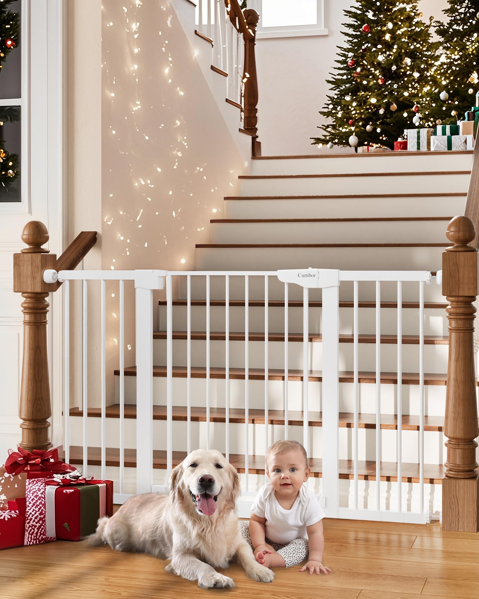 Cumbor 29.7-54.2' Wide Baby Gate For Stairs, Mom'S Choice Awards Winner-Self Closing Dog Gate Indoor For Doorways, No Drilling Pressure Mounted Pet Gates For Kids, Easy Walk Through Safety Gate, White