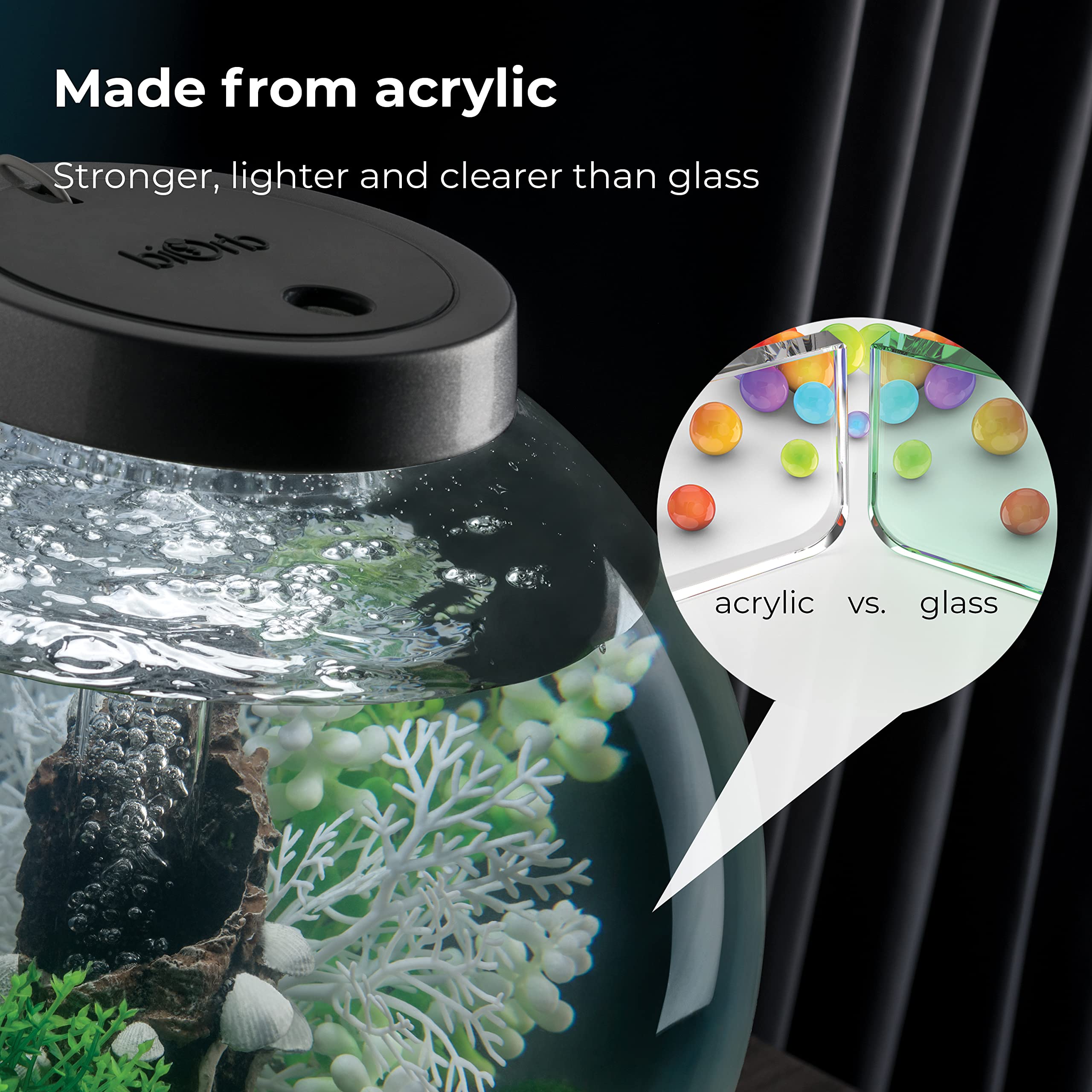biOrb Classic 15 Acrylic 4-Gallon Aquarium with White LED Lights Modern Compact Tank for Tabletop or Desktop Display, Black-Trim