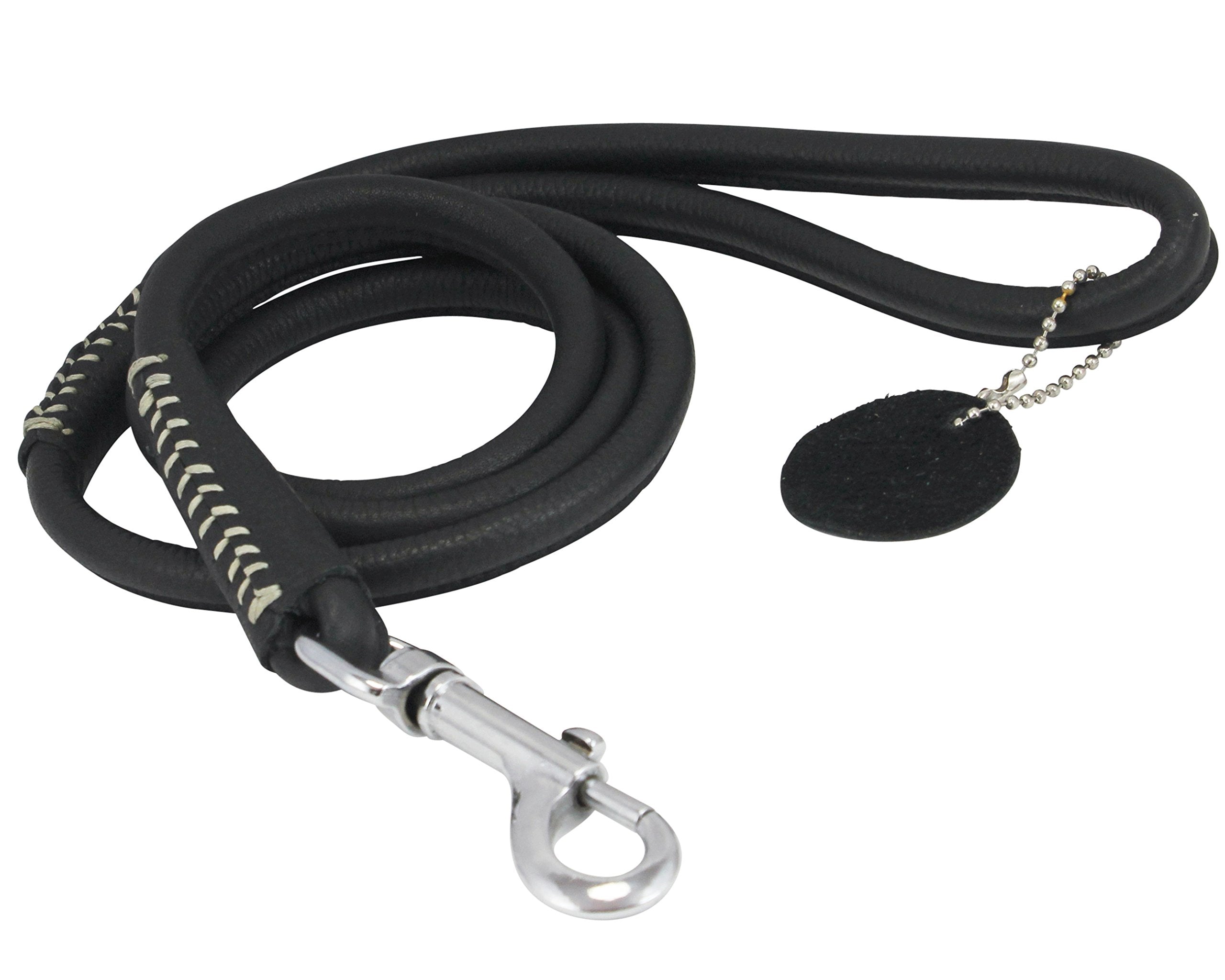 Round Genuine Rolled Leather Dog Leash 4' Long 1/2' Wide Black For Medium Breeds