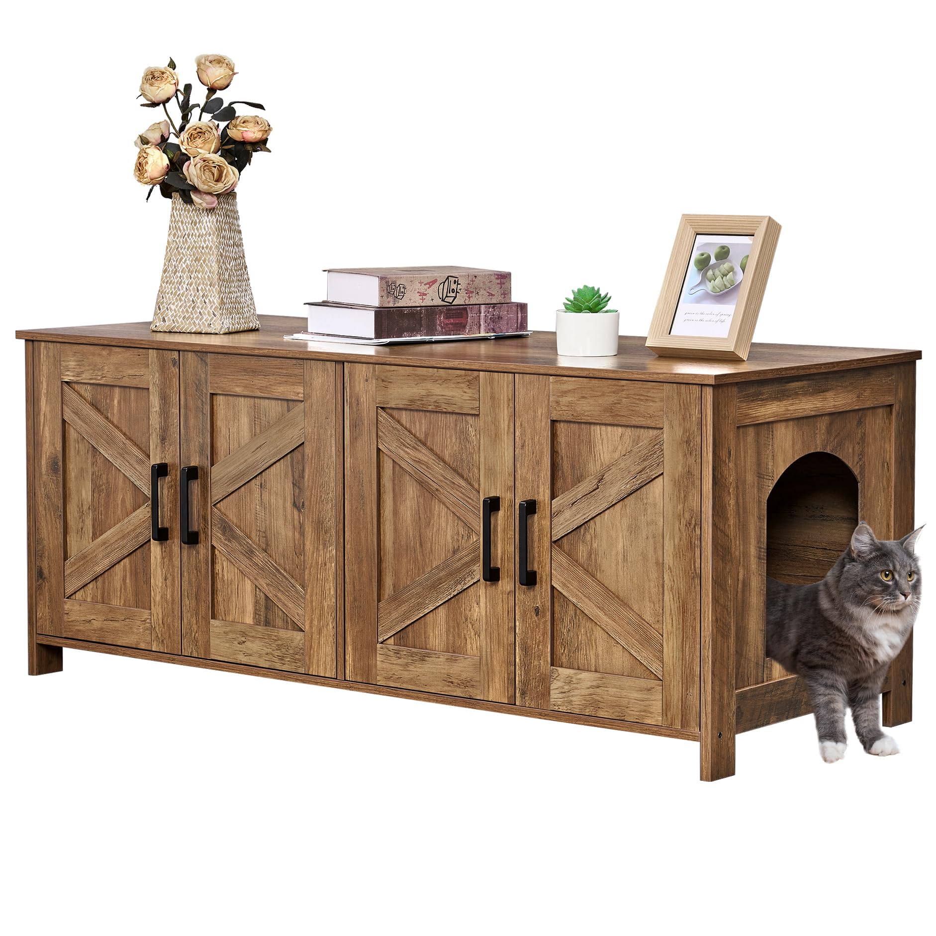 Homhedy Cat Litter Box Enclosure For 2 Cats, Wooden Pet Washroom Furniture With Double Room, Cat House, 47.2   L X 19.7   W X 19