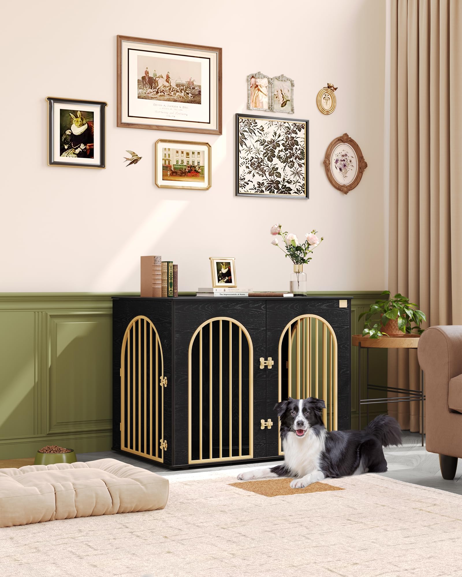 Hzuaneri 44.1 Wooden Dog Crate Furniture, Indoor Dog Kennel Dogs Cage for Small/Medium/Large Dogs, Heavy Duty Dog Crates Decorat