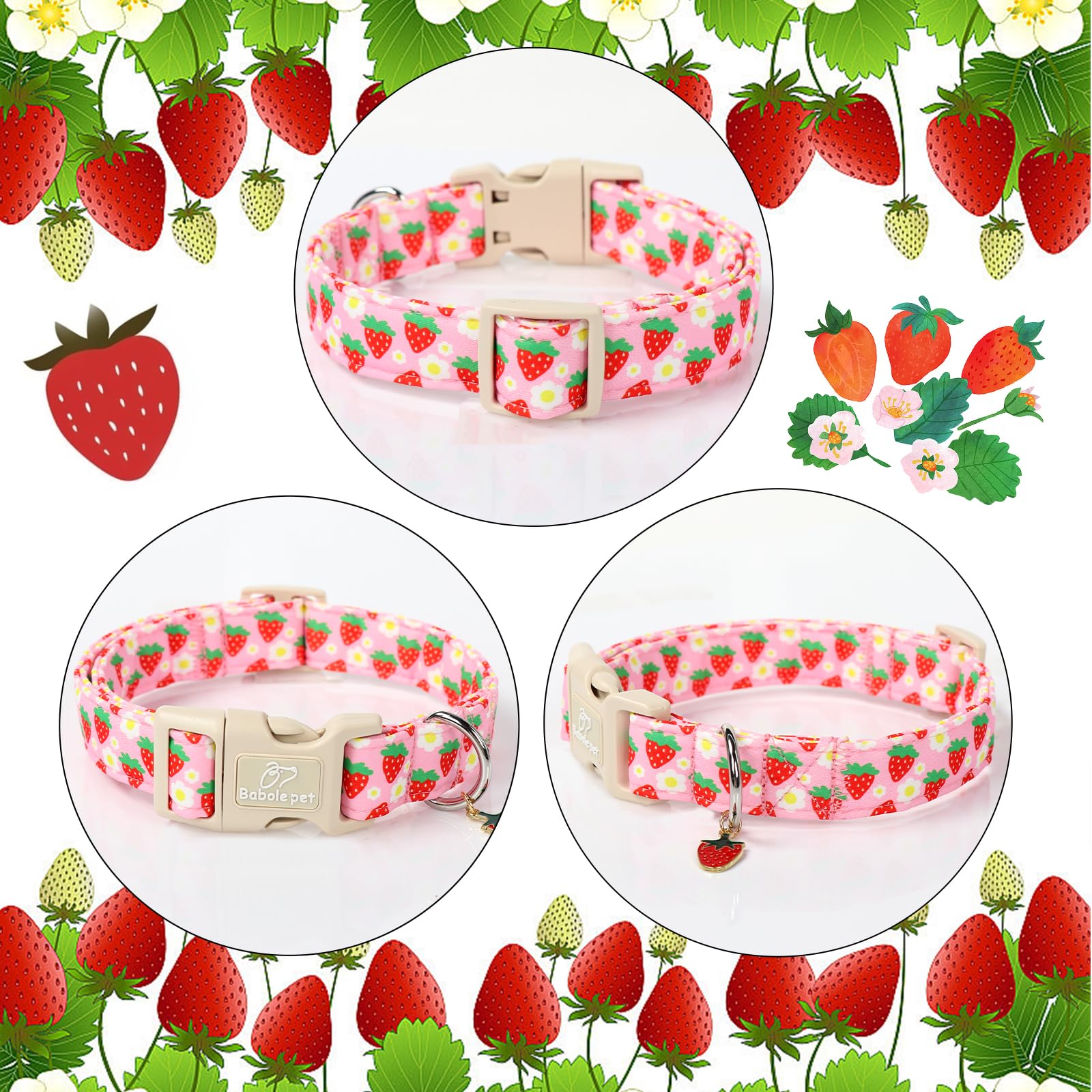Babole Pet Cute Spring/Summer Dog Collar, Adjustable Pink Strawberry Dog Collars For Large Dogs, Lightweight Quick-Release Buckl