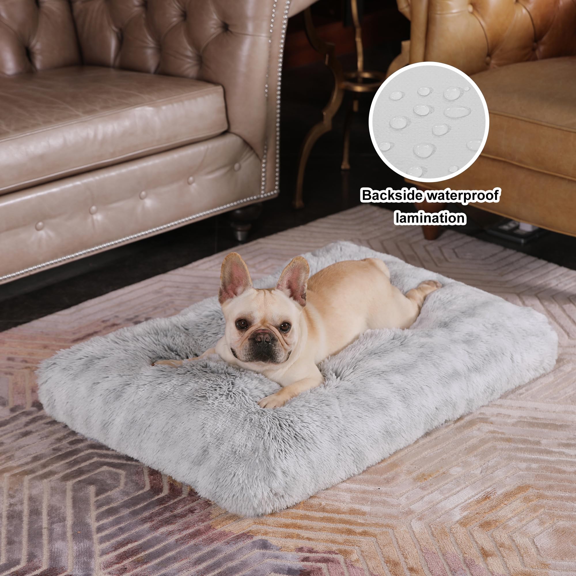 Bedfolks Plush Waterproof Dog Crate Bed, Removable Washable Cover, Faux Fur Kennel Pad, 29''X21'', Grey