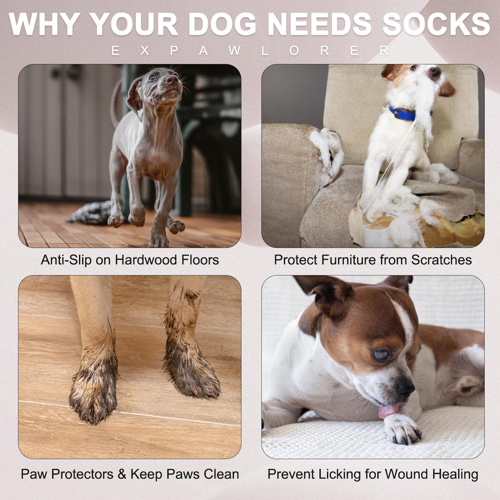Anti Slip Dog Socks with Grippers for Hardwood Floors, Dog Shoes for Hot/Cold Pavement, Boots & Paws Protectors to Prevent Licki