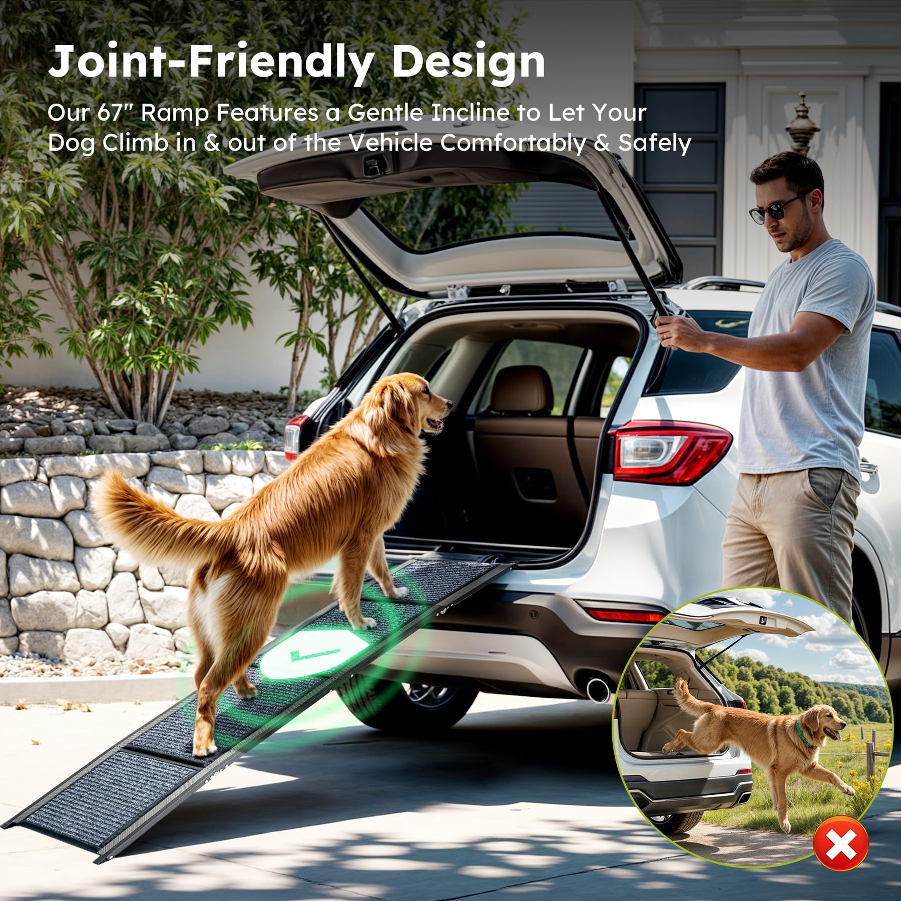 Cwawz Dog Ramp For Car, 67'' Folding Pet Ramp For Large Dogs Up To 200 Lb, 17'' Wide Car Ramp For Dog, Portable Pet Stair Ramp W