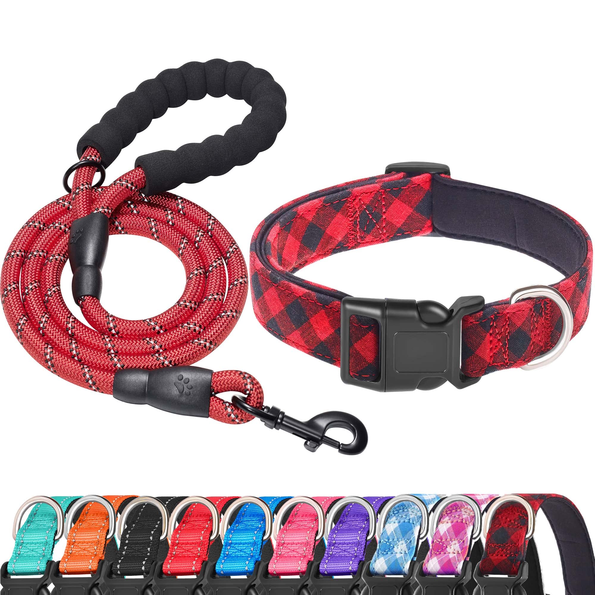Ladoogo Reflective Dog Collar Padded With Soft Neoprene Breathable Adjustable Nylon Dog Collars For Small Medium Large Dogs (X-Small (Pack Of 1), Red Plaid Collar+Leash)