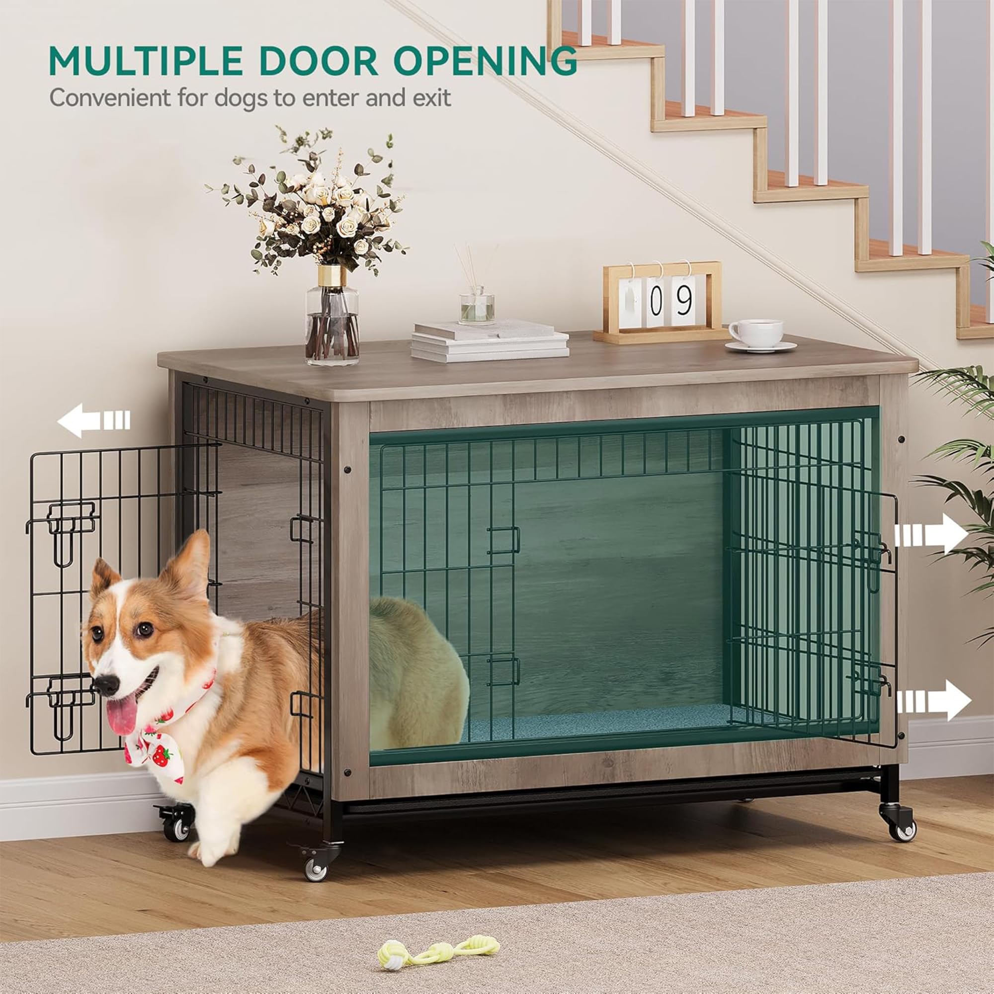 Dwvo Dog Kennel Furniture With Cushion, 38 Wooden Dog Crate Furniture With Wheels, Dog Crate End Table With Tray, Dog Cage Wit