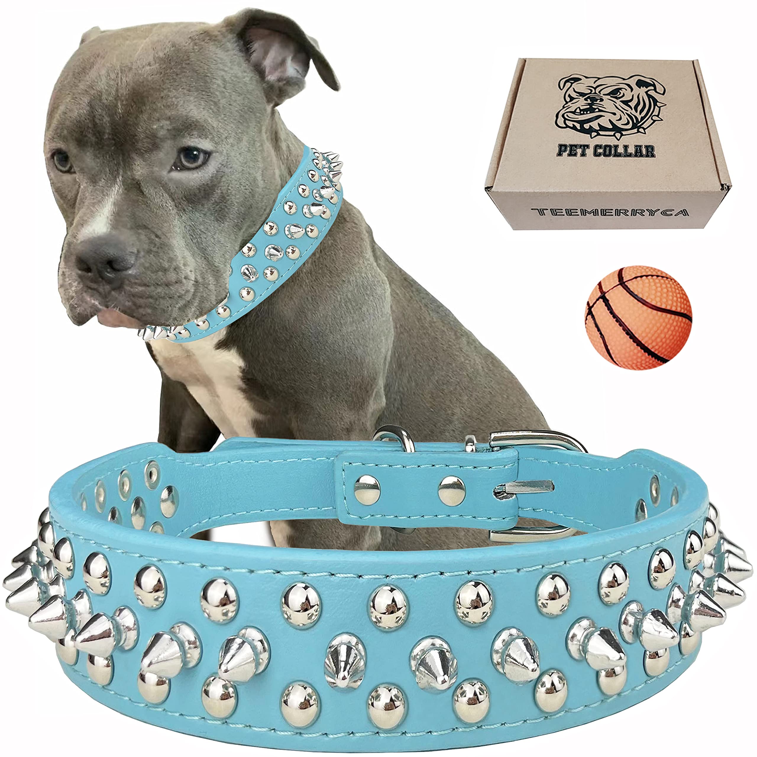 Teemerryca Adjustable Pu Leather Spiked Studded Dog Collars With A Squeak Ball Gift For Small Medium Large Pets Like Cats/Pit Bu