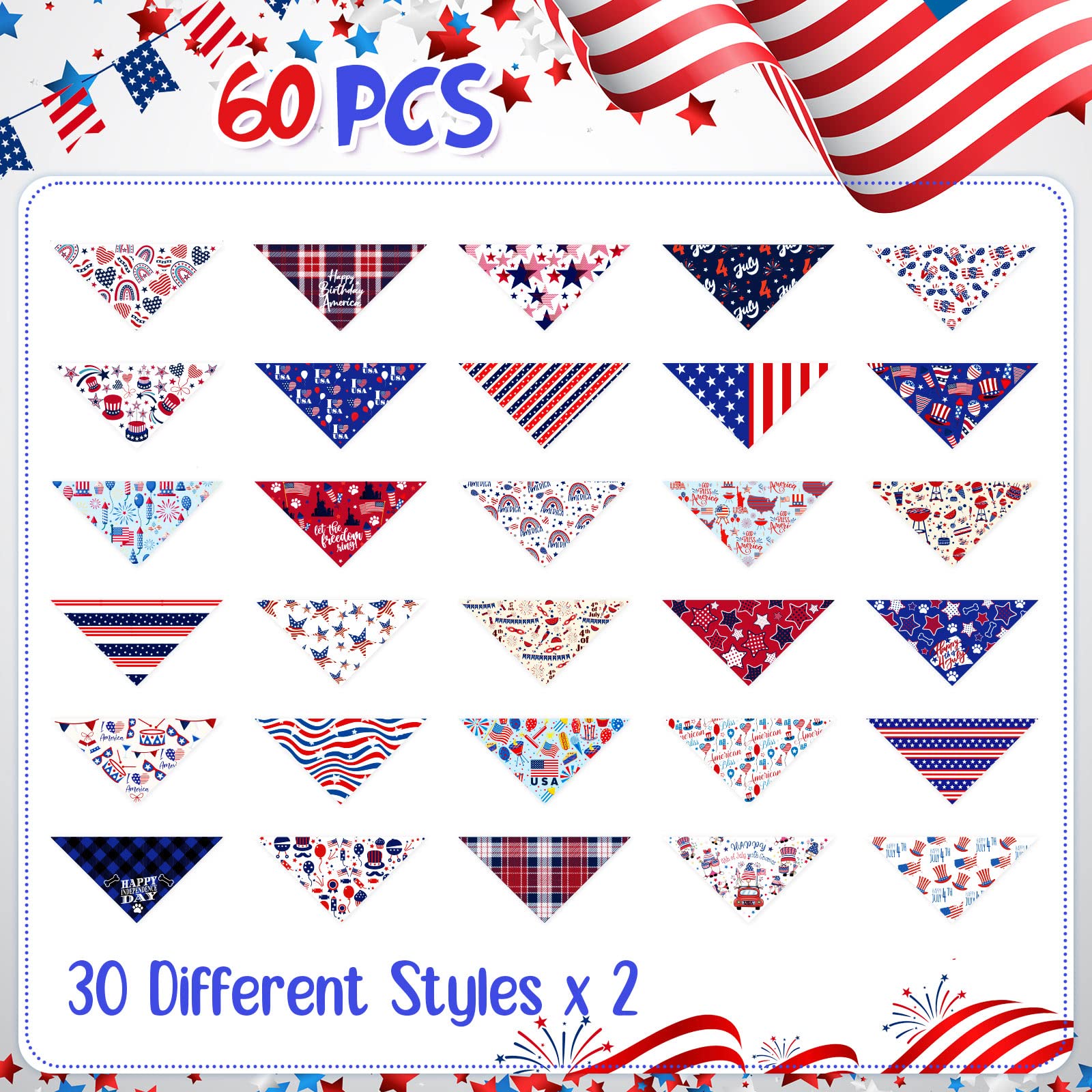 60 Pcs 4Th Of July Day Dog Bandanas Patriotic Dog Bibs American Flag Pet Costume Adjustable Dog Cat Holiday Outfit Washable Tria