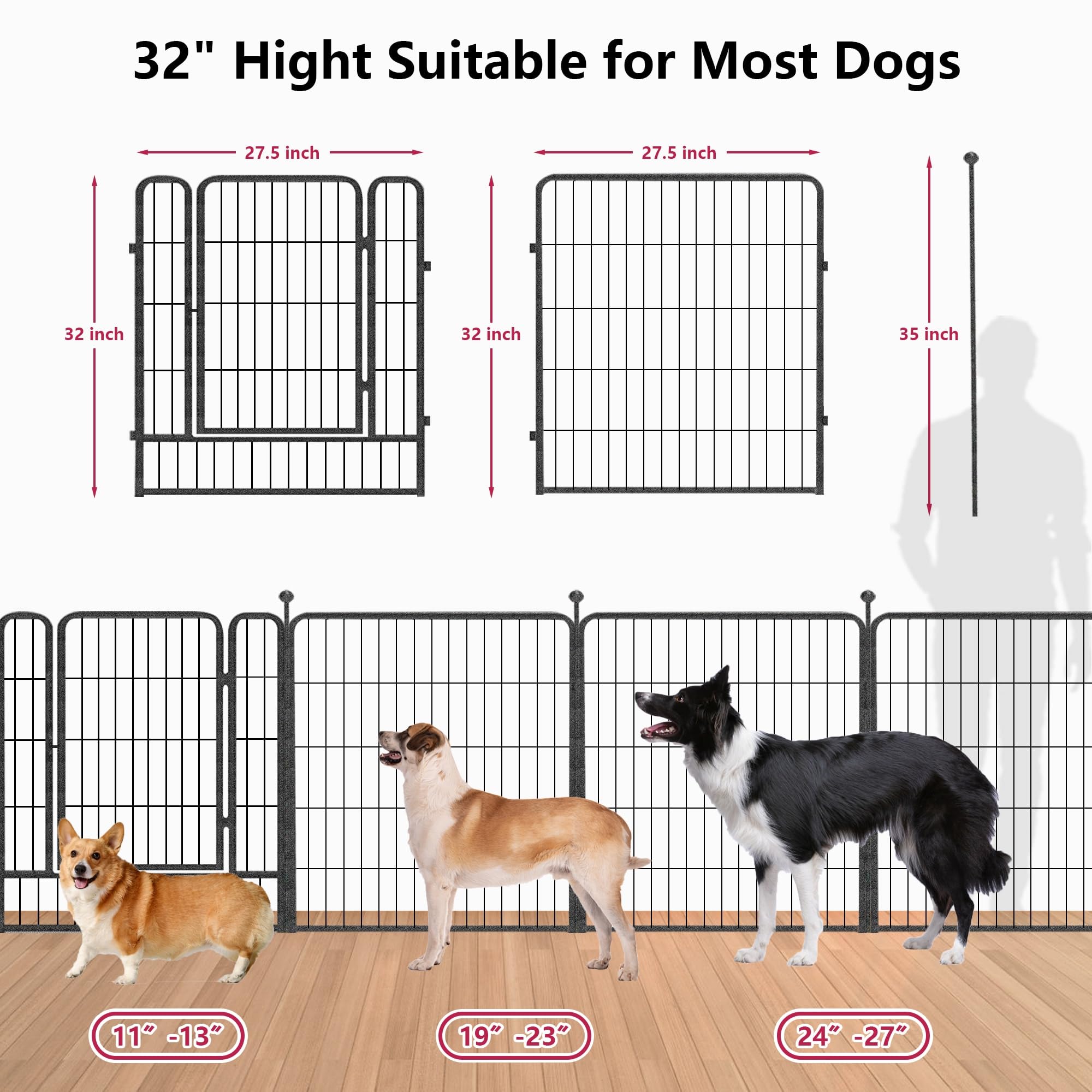 Jhsomdr Dog Playpen 32 Inch 16 Panels Indoor Outdoor Dog Pen For Medium/Small Dogs Heavy Duty Metal Dog Fence Outdoor For Yard,