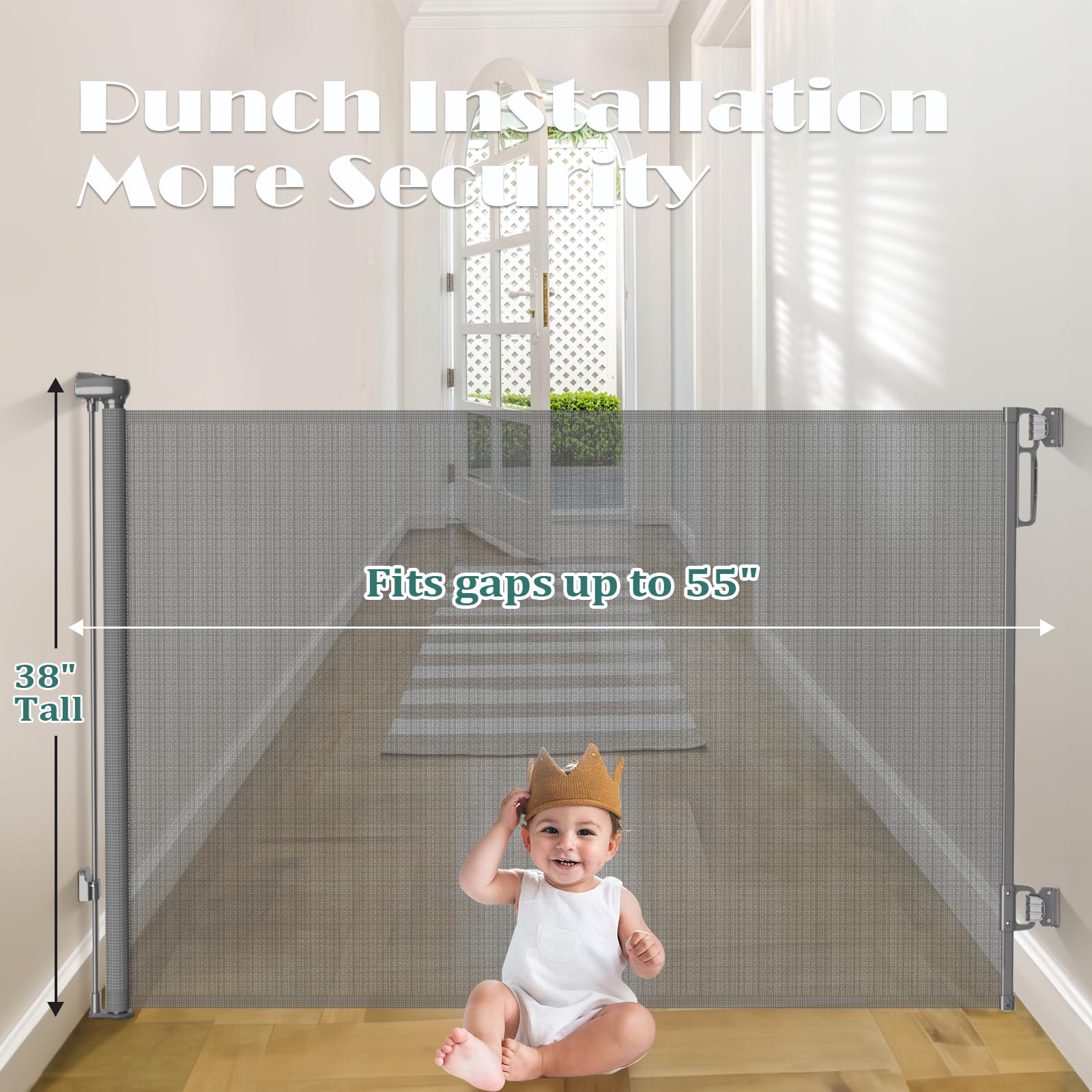 Babepai Retractable Baby Gates Extra Wide | 55' Wide X 38' Tall Dog Gates For Stairs | Indoor/Outdoor Use | Child Gates For Doorways, Deck, Porch, Hallways, Patio - Gray