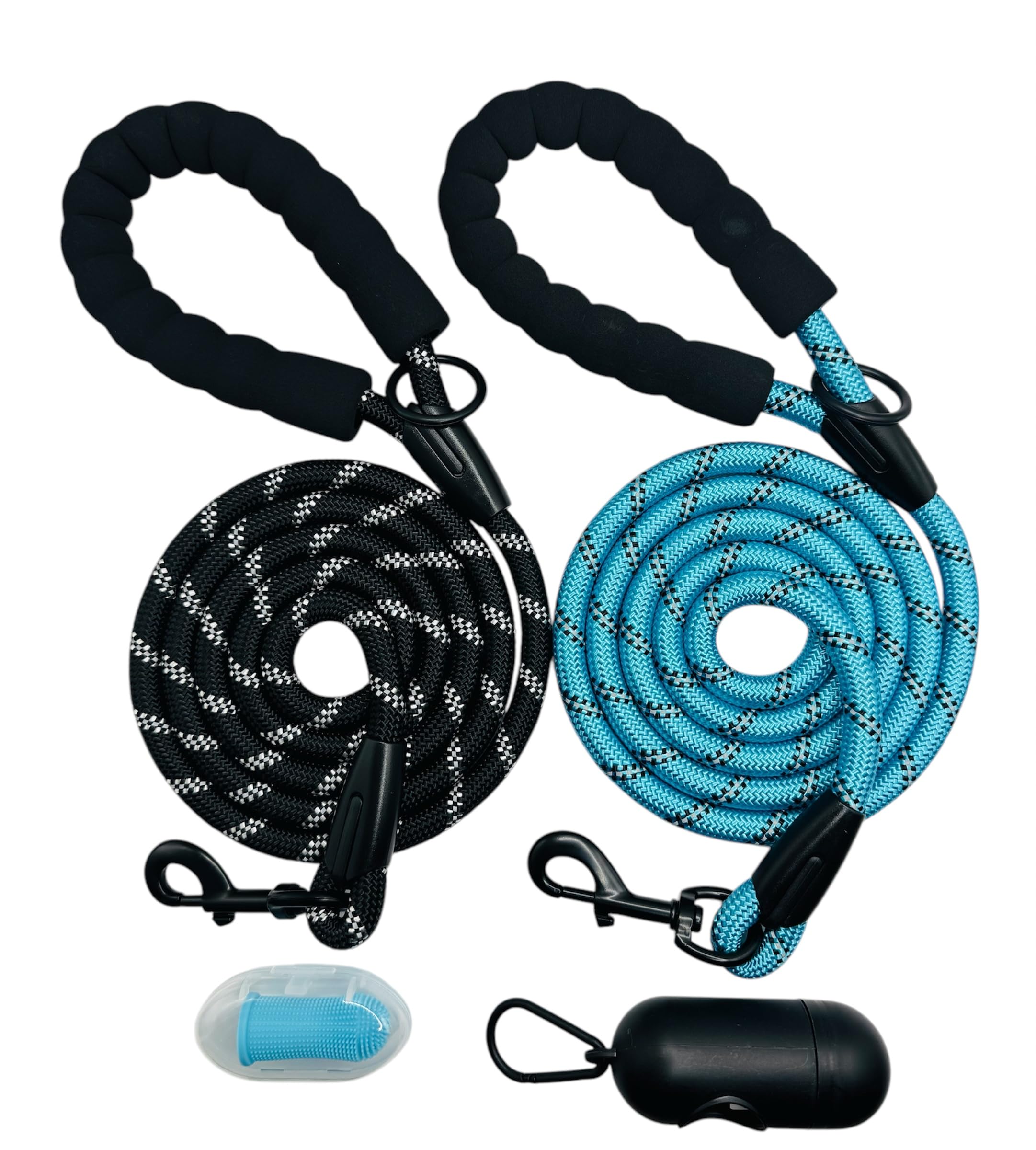 Glorypet 2 Pack 5 Ft Heavy Duty Dog Leash With Poop Bag And Dispenser And Silicone Toothbrush, Durable, Comfortable Padded Handl