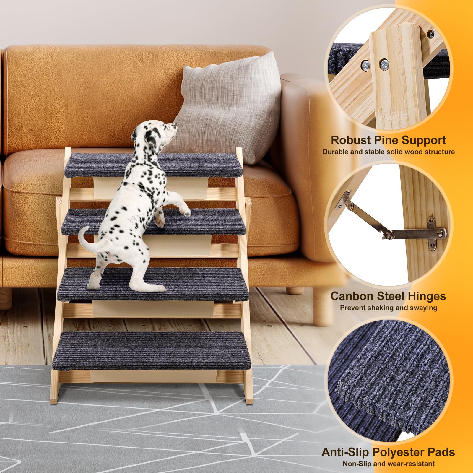 Sararoom Wood Pet Stairs/Pet Steps, 4-Step Dog Steps For High Bed, Sofa And Cars 25.6'' H, Non-Slip Stable Pet Stairs For Small