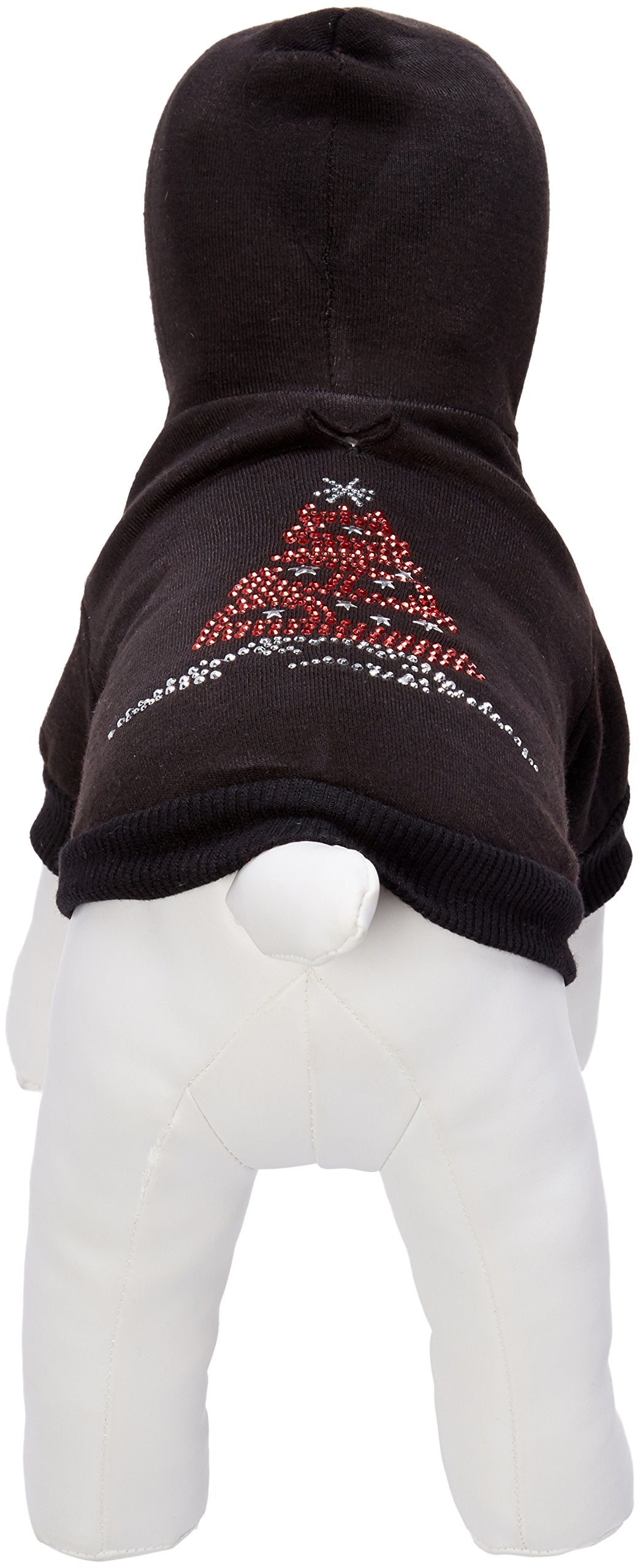 Christmas Pet Dog & Cat Hoodie Rhinestone, &quot;Peace Tree&quot; Black SM (3-6 lbs.)