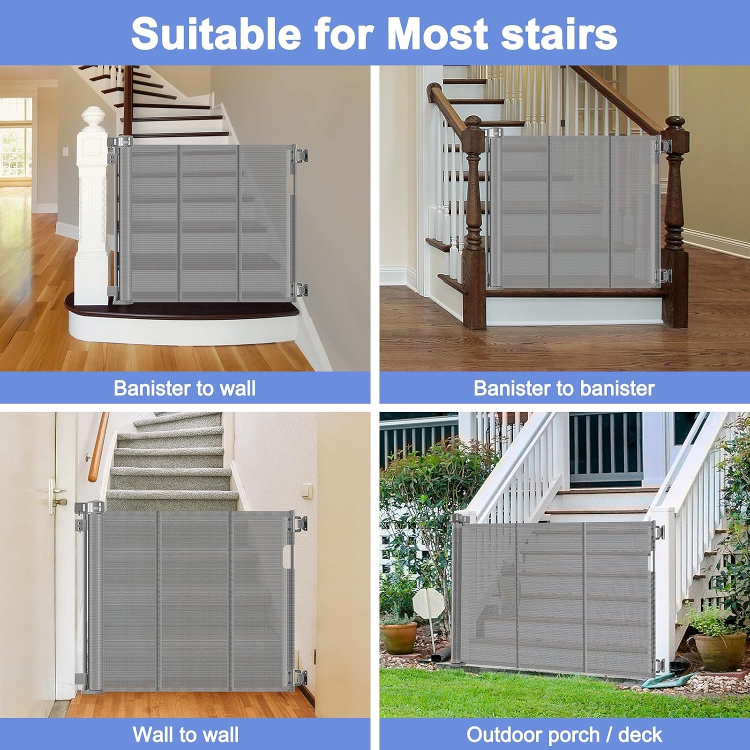 BETERTEK 80 Inch Extra Wide Retractable Dog Gate - Gray Reinforced Bottom Stair Gate for Dogs & Puppies, 33 Height, Outdoor Use