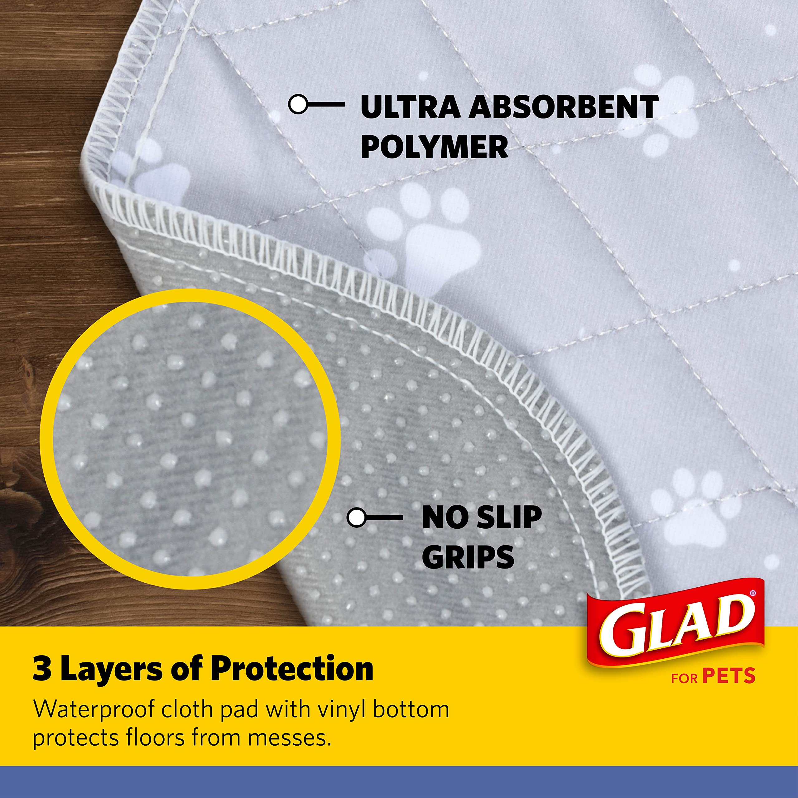 Glad for Pets Reusable Dog Pee Pads, Gray with Paw Prints - Washable Potty Pads for Dogs, Cloth Puppy Potty Training Pads, Puppy