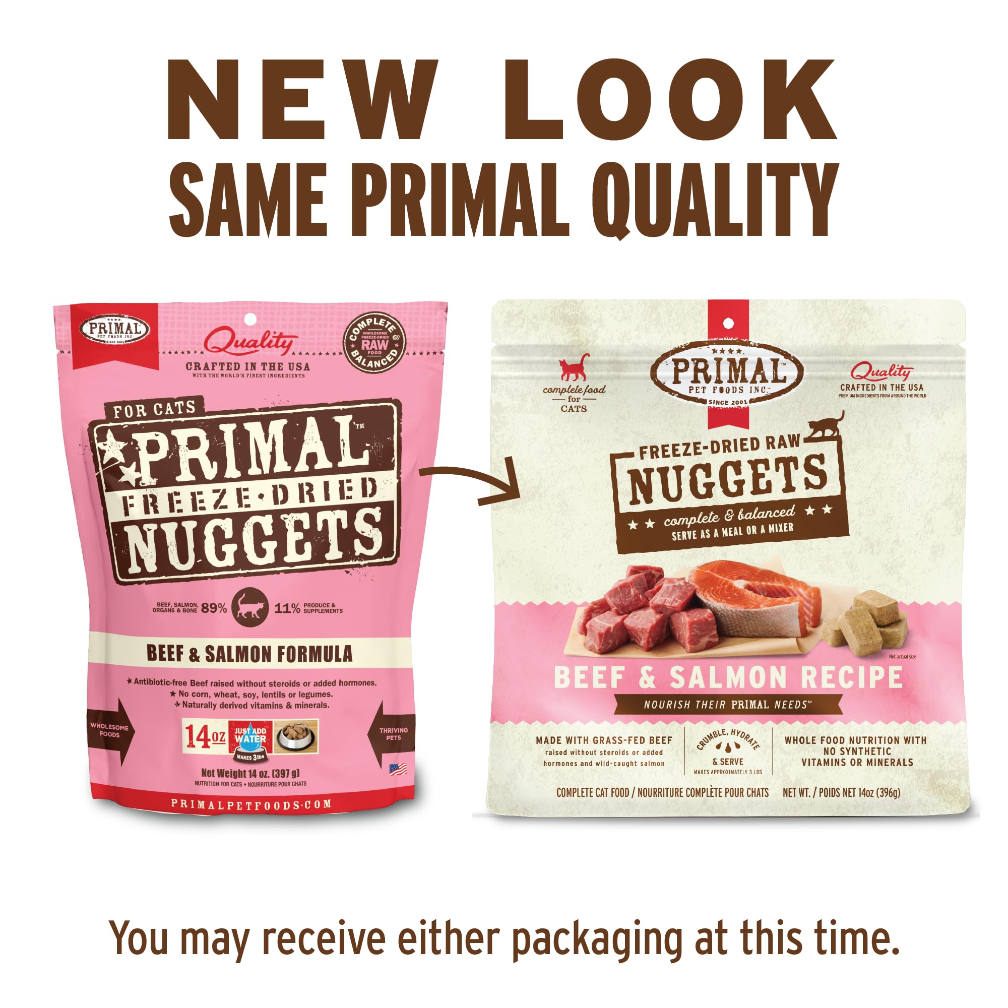 Primal Freeze Dried Raw Cat Food Nuggets Beef & Salmon, Complete & Balanced Meal or Topper, Premium, Healthy, Grain Free, High P