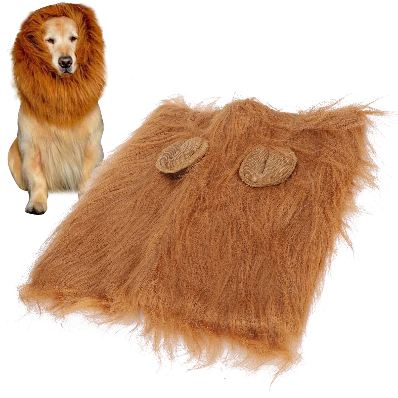 Lion Mane for Dog, Pet Lion Mane Costume Drawstring Dog Lion Mane Light Brown Pet Headgear Costume for Dog Fancy Lion Hair Dog C