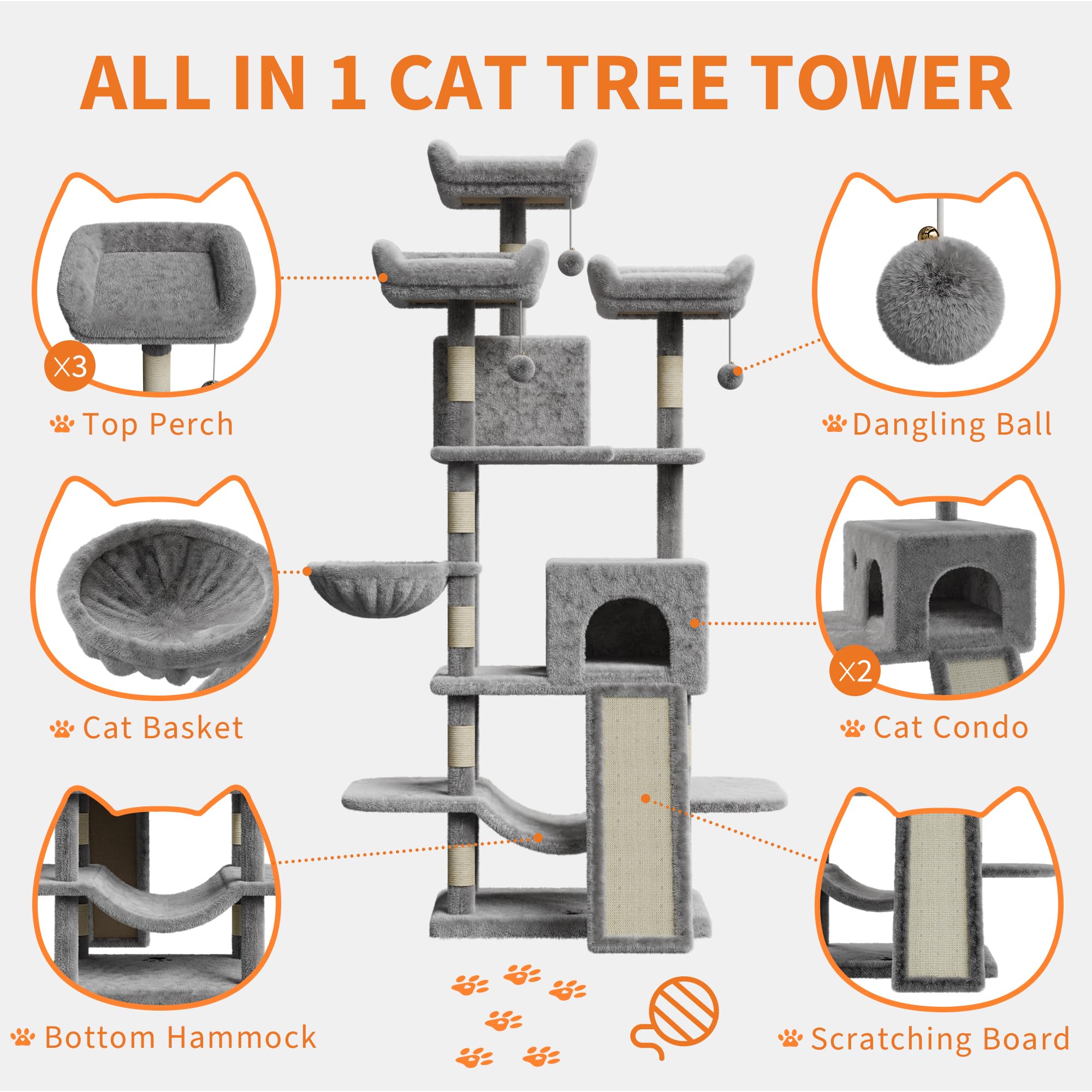 68 Inches Multi-Level Large Cat Tree For Large Kitties/Big Cat Tower With Condo/Cozy Plush Pussycat Perches/Sisal Scratching Pos