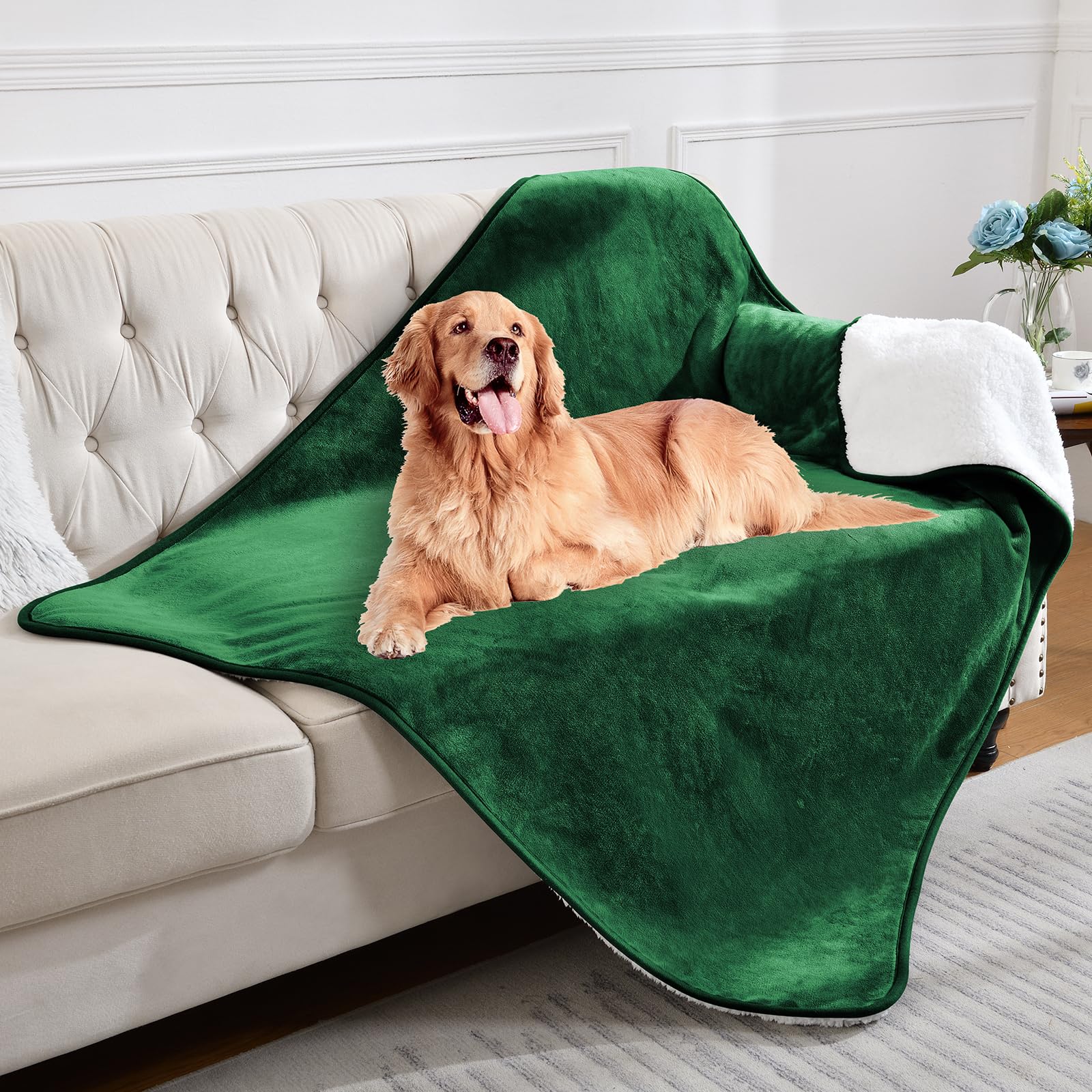 Yaning Waterproof Pet Blanket, Reversible Sherpa Fleece, 50x60 inches, Green, Soft Liquid Pee Proof Protector for Dogs and Cats
