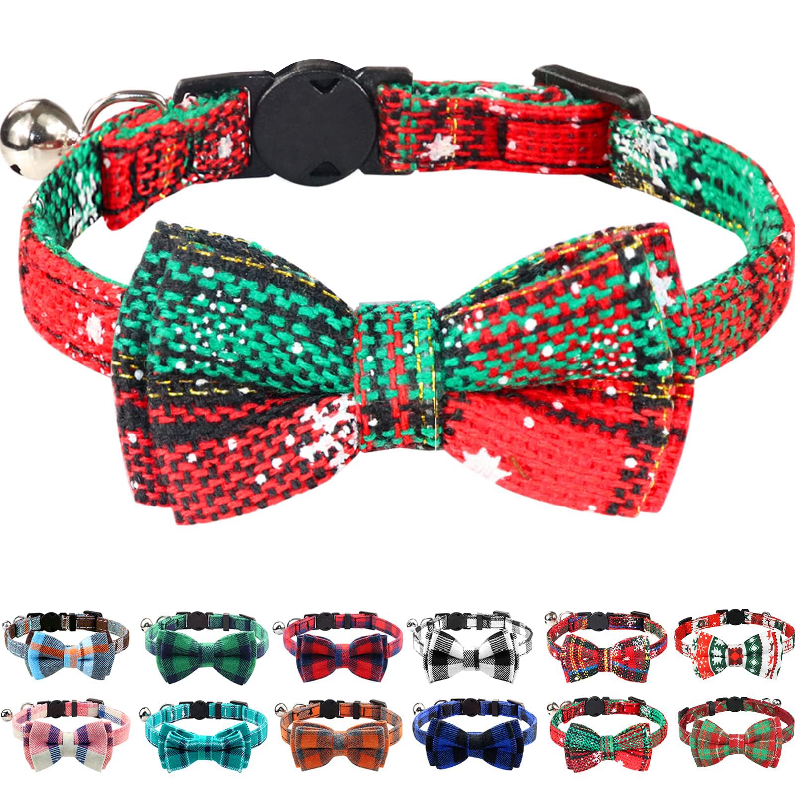 Joytale Upgraded Christmas Cat Collar With Bells, Breakaway Cat Collars With Bow Tie, 1 Pack Girl Boy Safety Plaid Kitten Collar