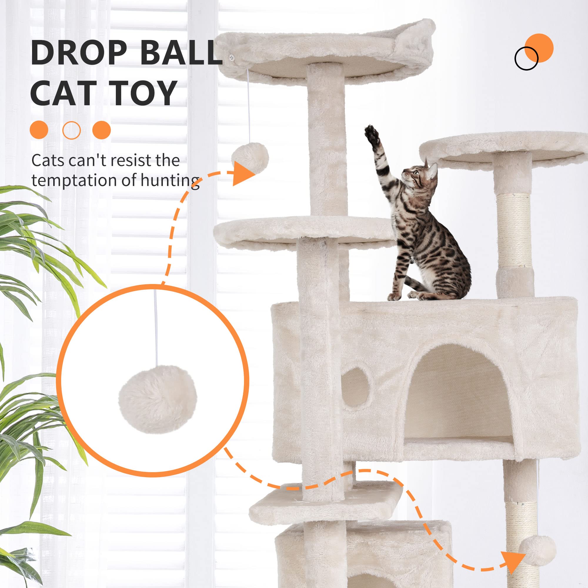 Bestpet 54In Multi-Level Cat Tree Tower Furniture Activity Center With Scratching Posts, Toys And Condo For Indoor Kittens, Beig
