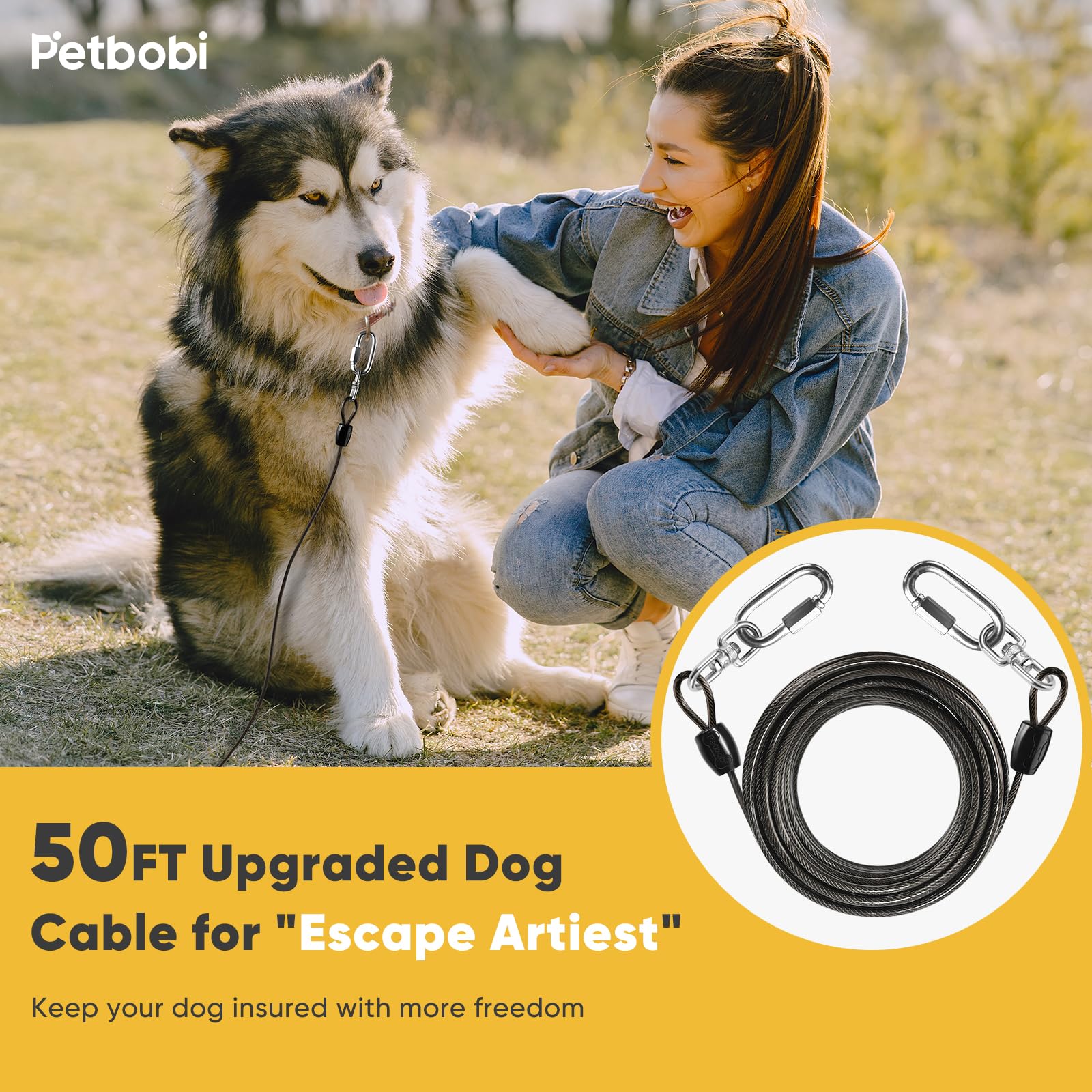 Petbobi Heavy-Duty Dog Tie-Out Cable - 50Ft Extra Strong Wire Cable For Large Pets Up To 300Lbs, Rust Proof Dogs Leash With Cara