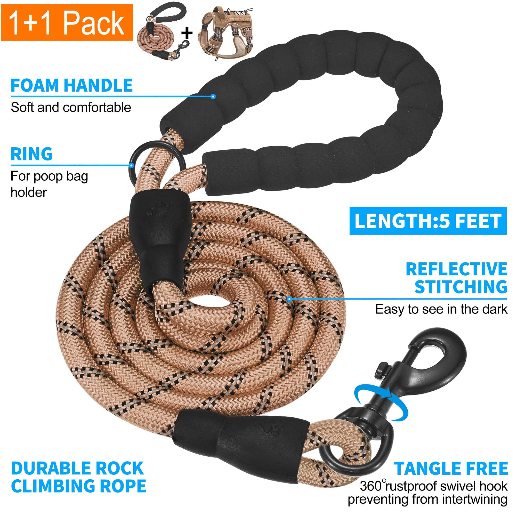 Beebiepet Heavy Duty Tactical Dog Harness For Medium Dogs, Brown, Molle System, Four-Point Adjustment, Anti-Lost Id Tag, Include